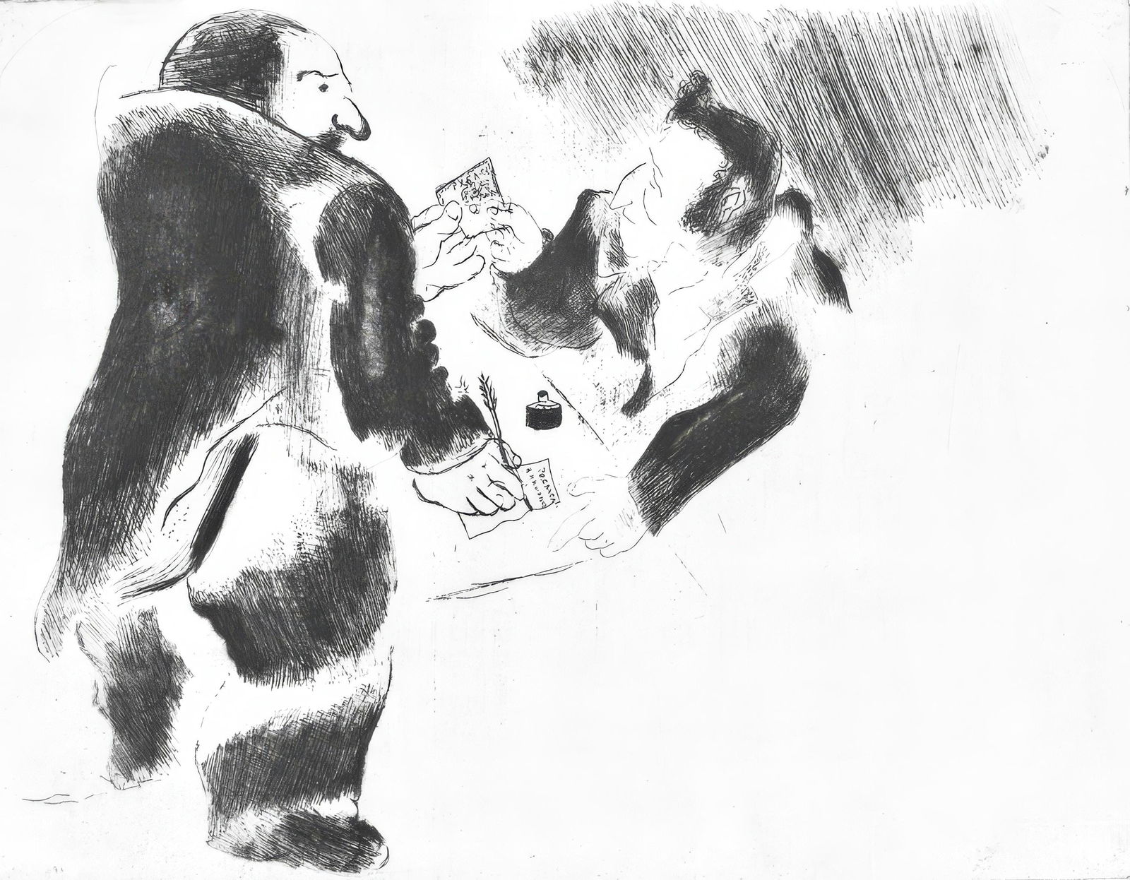 Marc Chagall, Les arrhes (Cramer 17), Nicolas Gogol, Les Ames mortes, Limited Edition Etching,: Etching on velin d'Arches filigrane paper. Paper size: 10.827 x 17.764 inches. Condition: Very good/excellent, consistent with age. Inscription: Unsigned and unnumbered as issued. Notes: From the foli