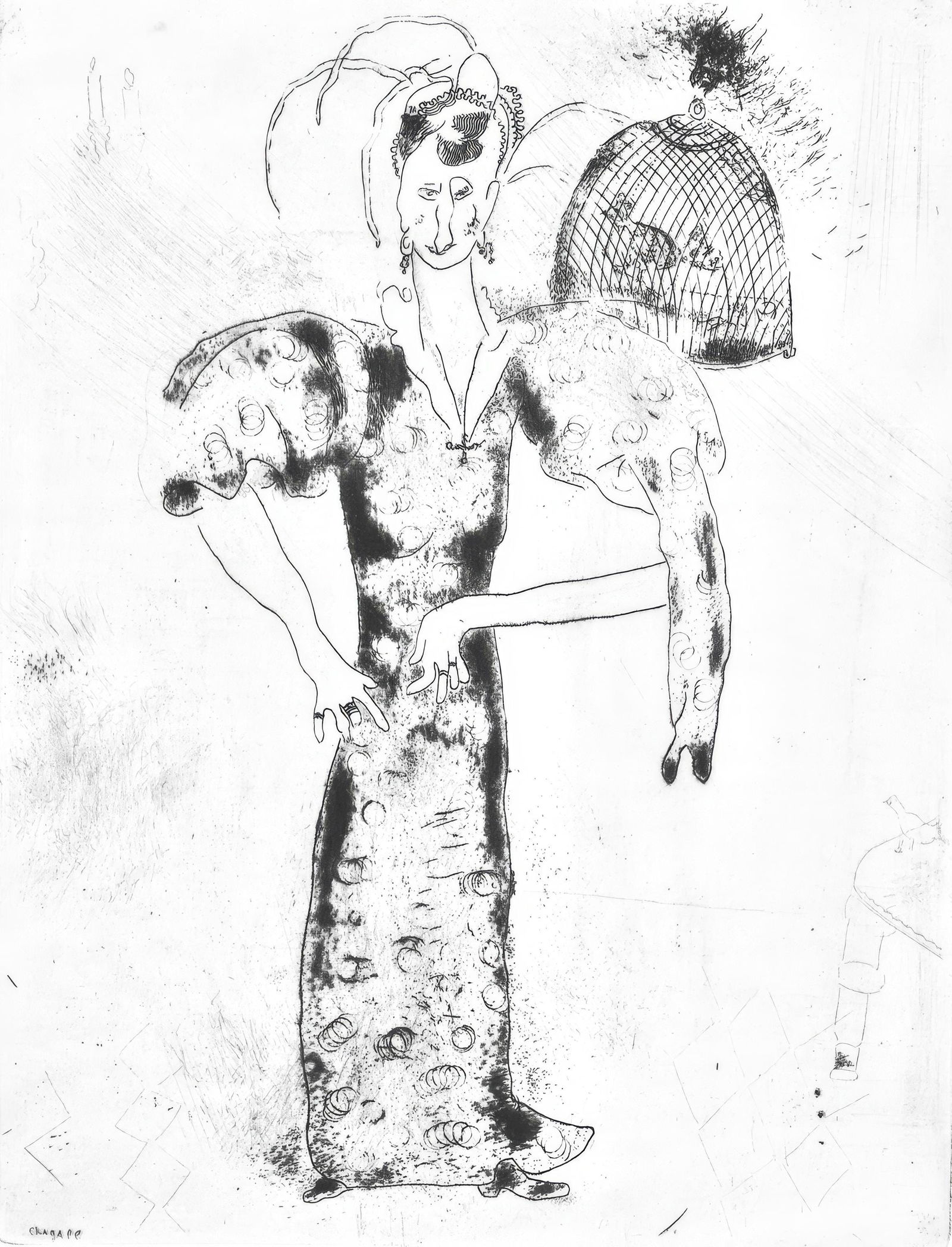 Marc Chagall, Madame Sobakevitch (Cramer 17), Nicolas Gogol, Les Ames mortes, Limited Edition: Etching on velin d'Arches filigrane paper. Paper size: 17.764 x 10.827 inches. Condition: Very good/excellent, consistent with age. Inscription: Signed in the plate and unnumbered as issued. Notes: