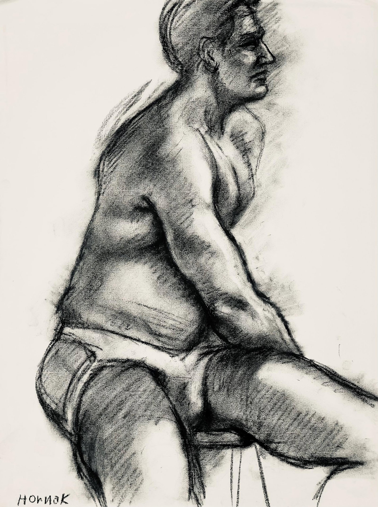 Ian Hornak, Renaissance Male Nude Figure Study, 1963, Original Drawing: Charcoal on velin Strathmore paper, circa 1963. Paper Size: 23 x 18 inches. Good condition, consistent with age. Inscription: Unsigned, Estate stamped, verso. Provenance: Estate of Ian Hornak, East Ha
