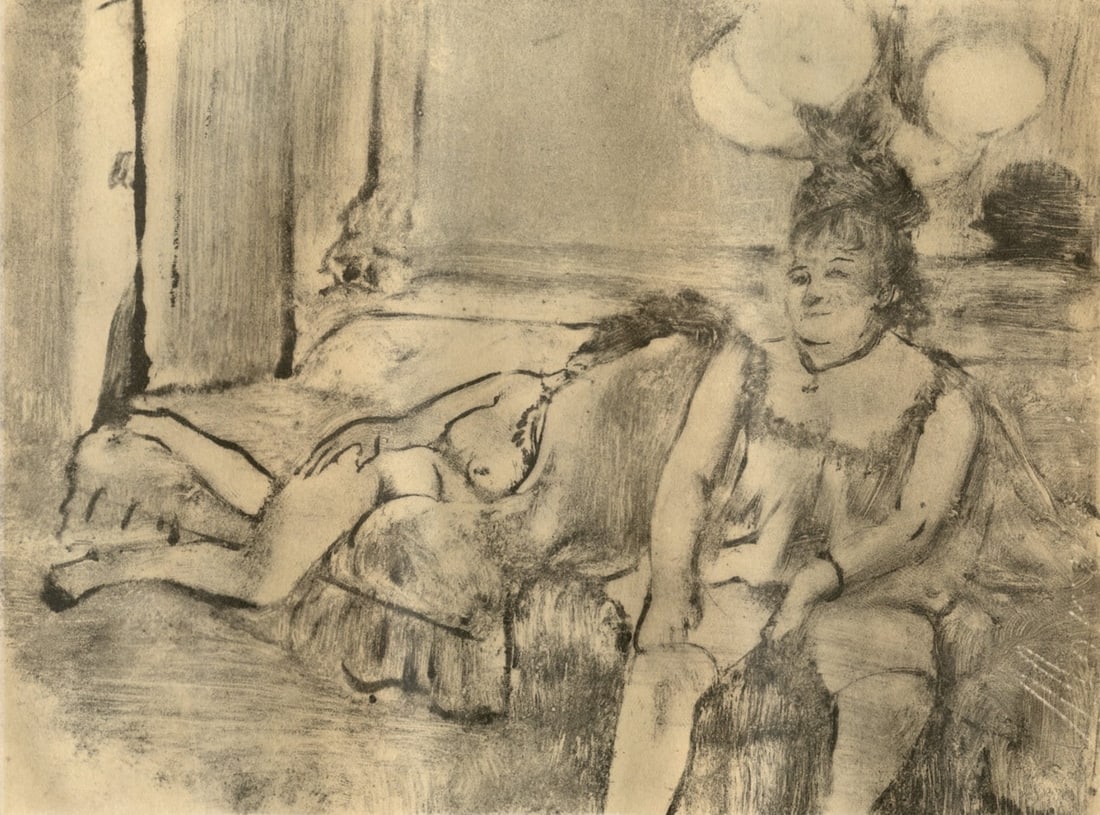 Edgar Degas, Au Salon, E. Degas Monotypes, Limited Edition Monotype: Engraving on velin du Marais paper. Unsigned and unnumbered, as issued. Paper Size: 12.25 x 9.125 inches. Excellent condition. Notes: From the volume, E. Degas Monotypes, 1948. Published by Quatre Che