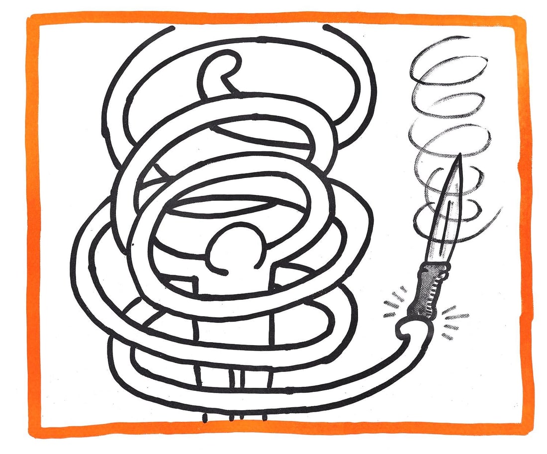 Keith Haring, Composition, Against All Odds, Limited Edition Lithograph: Lithograph on acid-free Rivoli paper. Paper Size: 8.5 x 10.3 inches. Inscription: Unsigned and unnumbered, as issued. Condition: Very good/excellent, consistent with age. Notes: From the album, Agains