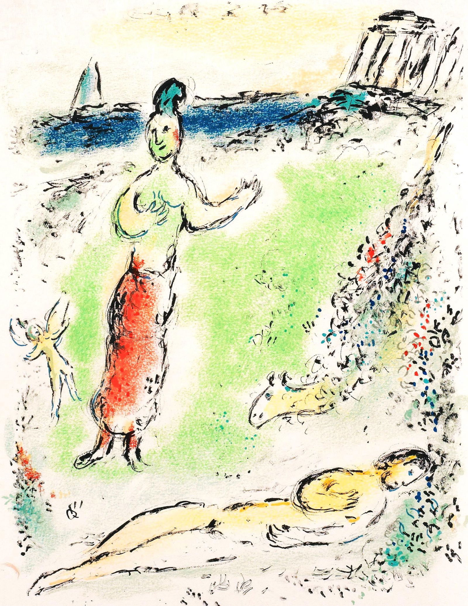 Marc Chagall, Athene senkt Odysseus in den Schlaf, Homer, Die Odyssee, Limited Edition Lithograph: Lithograph on 250 g/m2 Butten Papierwerke Miliani AG, Fabriano paper. Paper Size: 14.88 x 11.69 inches. Inscription: Unsigned and unnumbered, as issued. Condition: Very good/excellent, consistent with