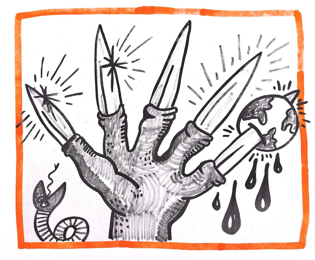 Keith Haring, Composition, Against All Odds, Limited Edition Lithograph: Lithograph on acid-free Rivoli paper. Paper Size: 8.5 x 10.3 inches. Inscription: Unsigned and unnumbered, as issued. Condition: Very good/excellent, consistent with age. Notes: From the album, Agains