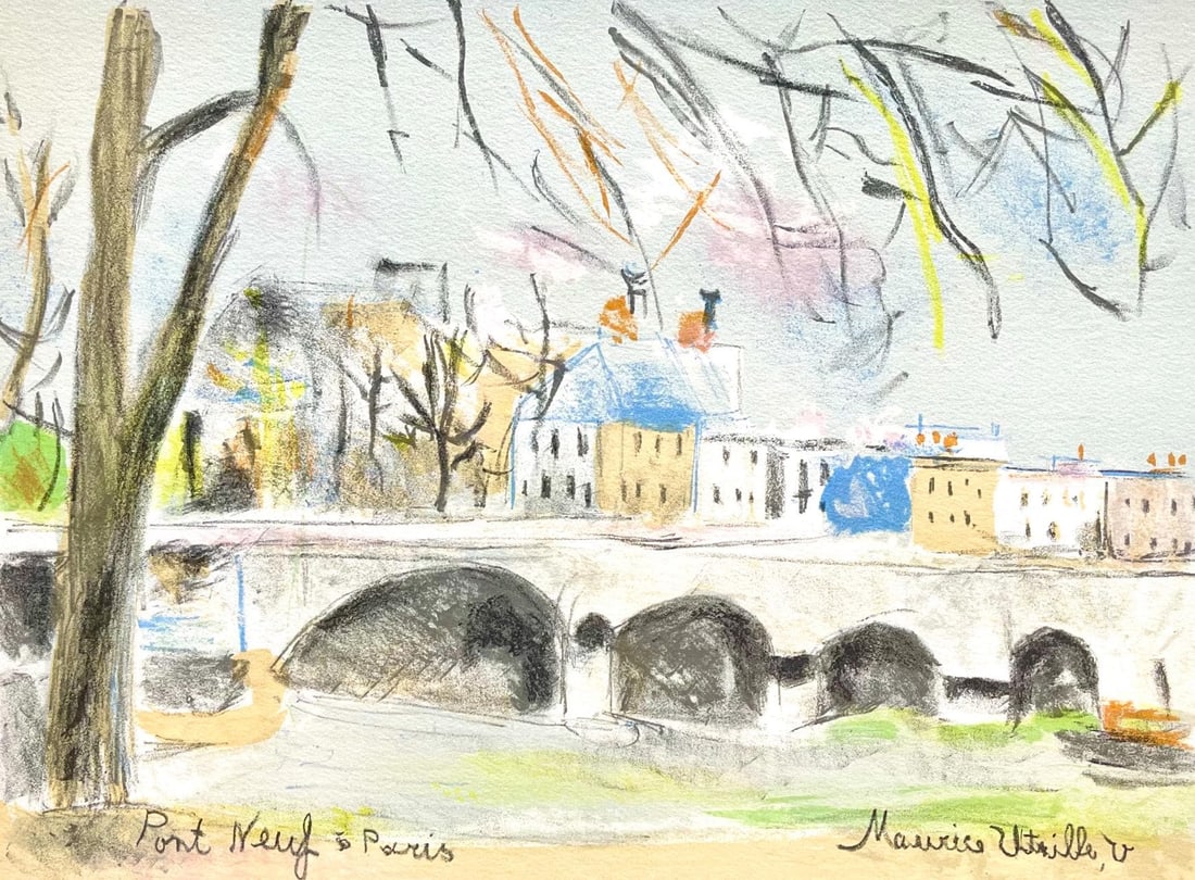 Maurice Utrillo, Pont-Neuf, Paris Capitale, Limited Edition Lithograph: Lithograph on velin Johannot paper. Paper size: 12.99 x 16.93 inches. Excellent condition. Unsigned and unnumbered, as issued. Notes: From the folio, Paris Capitale, 1955. Published by Joseph Foret,