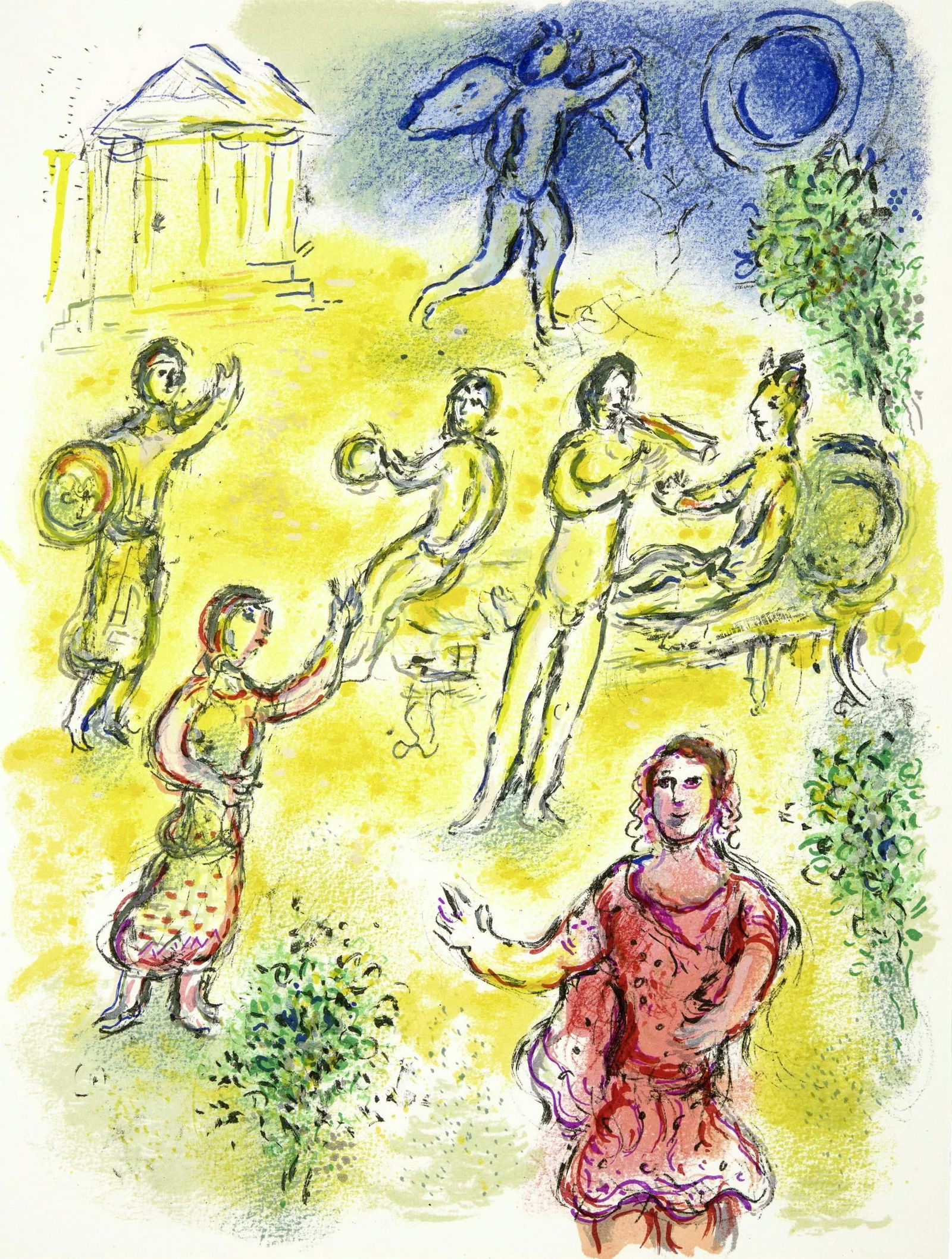 Marc Chagall, Festessen bei Menelaus, Homer, Die Odyssee, Limited Edition Lithograph: Lithograph on 250 g/m2 Butten Papierwerke Miliani AG, Fabriano paper. Paper Size: 14.88 x 11.69 inches. Inscription: Unsigned and unnumbered, as issued. Condition: Very good/excellent, consistent with
