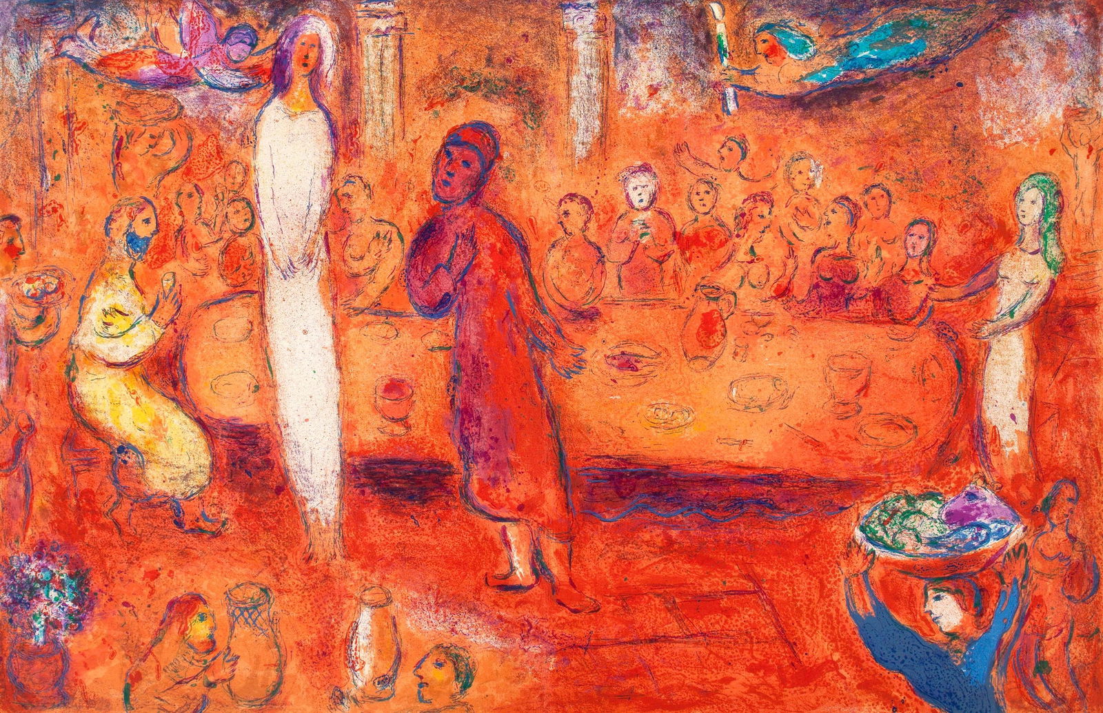 Marc Chagall, Megacles reconnait sa Fille pendant le Festin, Daphnis et Chloe, Limited Edition: Heliogravure on velin paper. Paper Size: 12.5 x 19 inches, with centerfold, as issued. Inscription: Unsigned and unnumbered, as issued. Condition: Very good/excellent, consistent with age. Notes: From