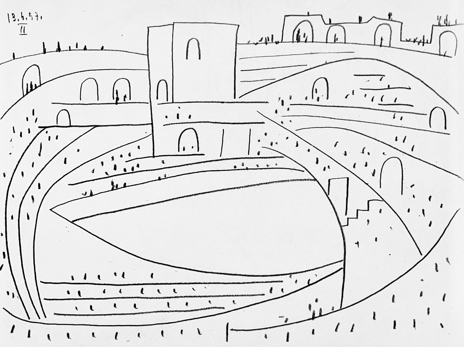 Pablo Picasso, Composition (Bloch 1276; Czwiklitzer 23), Toros y Toreros, Limited Edition Lithograph: Heliogravure on velin paper. Paper Size: 14.75 x 10.5 inches. Inscription: Unsigned and unnumbered, as issued. Notes: From the album, Pablo Picasso, Toros y toreros, 1961. Published by Les Editions Ce