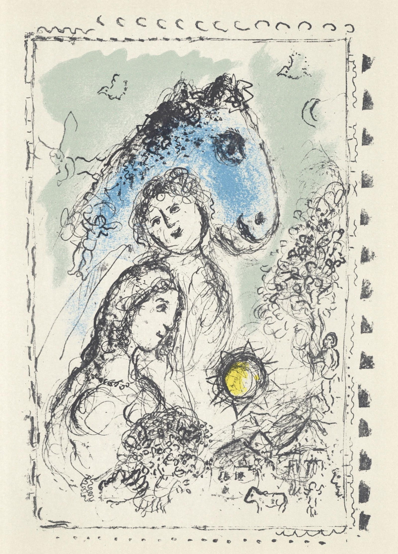 Marc Chagall, Cheval bleu au couple (Cramer 113; Mourlot 993), Derriere le miroir, Limited Edition: Lithograph on velin paper. Paper Size: 15 x 11 inches. Inscription: Unsigned and unnumbered, as issued. Catalogue raisonne references: Chagall, Marc, et al. Chagall Lithographe VI, 1980-1985. Andre Sa