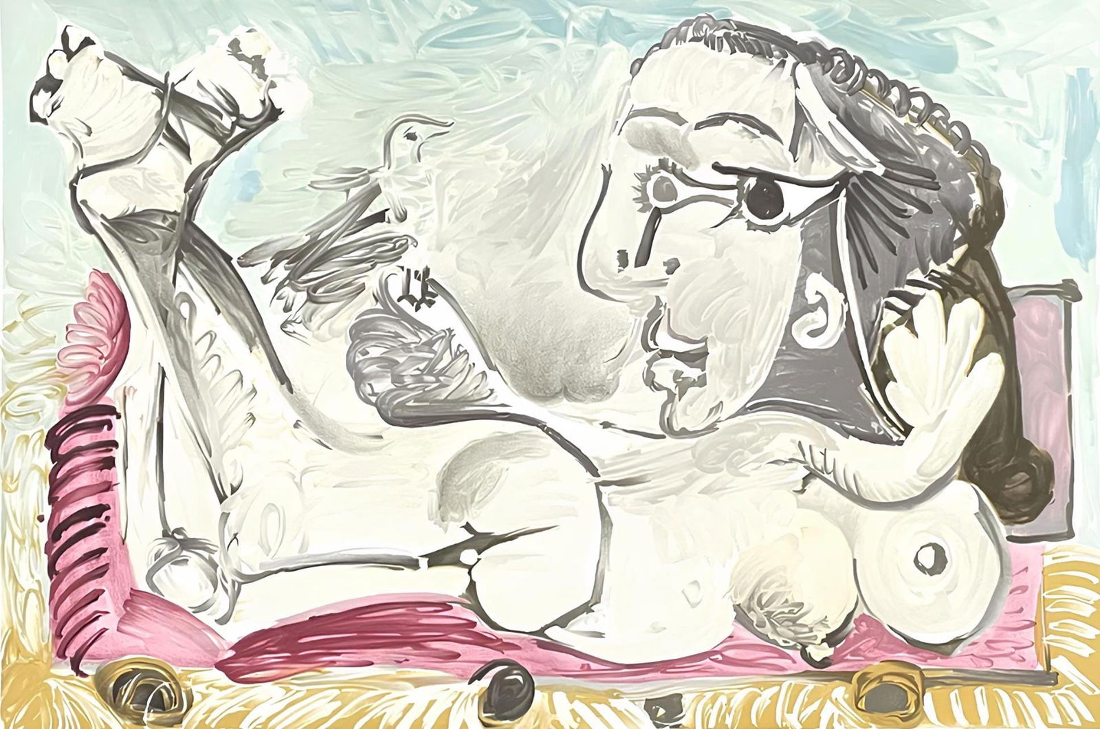 Pablo Picasso, Femme Couchee a L'Oiseau, Marina Picasso Collection, Official Limited Edition: Lithograph on velin d'Arches paper. Inscription: Facsimile signed and unnumbered, as issued. Paper Size: 21.5 x 29.75 inches. Excellent condition. Notes: From the Marina Picasso Collection. Published