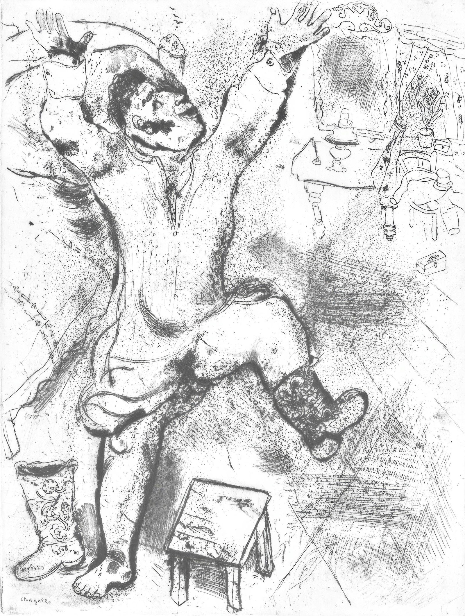 Marc Chagall, Tchitchikov triomphe en chemise (Cramer 17), Nicolas Gogol, Les Ames mortes, Limited: Etching on velin d'Arches filigrane paper. Paper size: 17.764 x 10.827 inches. Condition: Very good/excellent, consistent with age. Inscription: Signed in the plate and unnumbered as issued. Notes: Fr