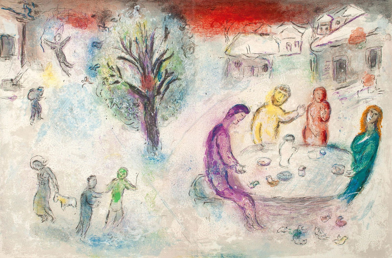 Marc Chagall, Le Repas chez Dryas, Daphnis et Chloe, Limited Edition Heliogravure: Heliogravure on velin paper. Paper Size: 12.5 x 19 inches, with centerfold, as issued. Inscription: Unsigned and unnumbered, as issued. Condition: Very good/excellent, consistent with age. Notes: From