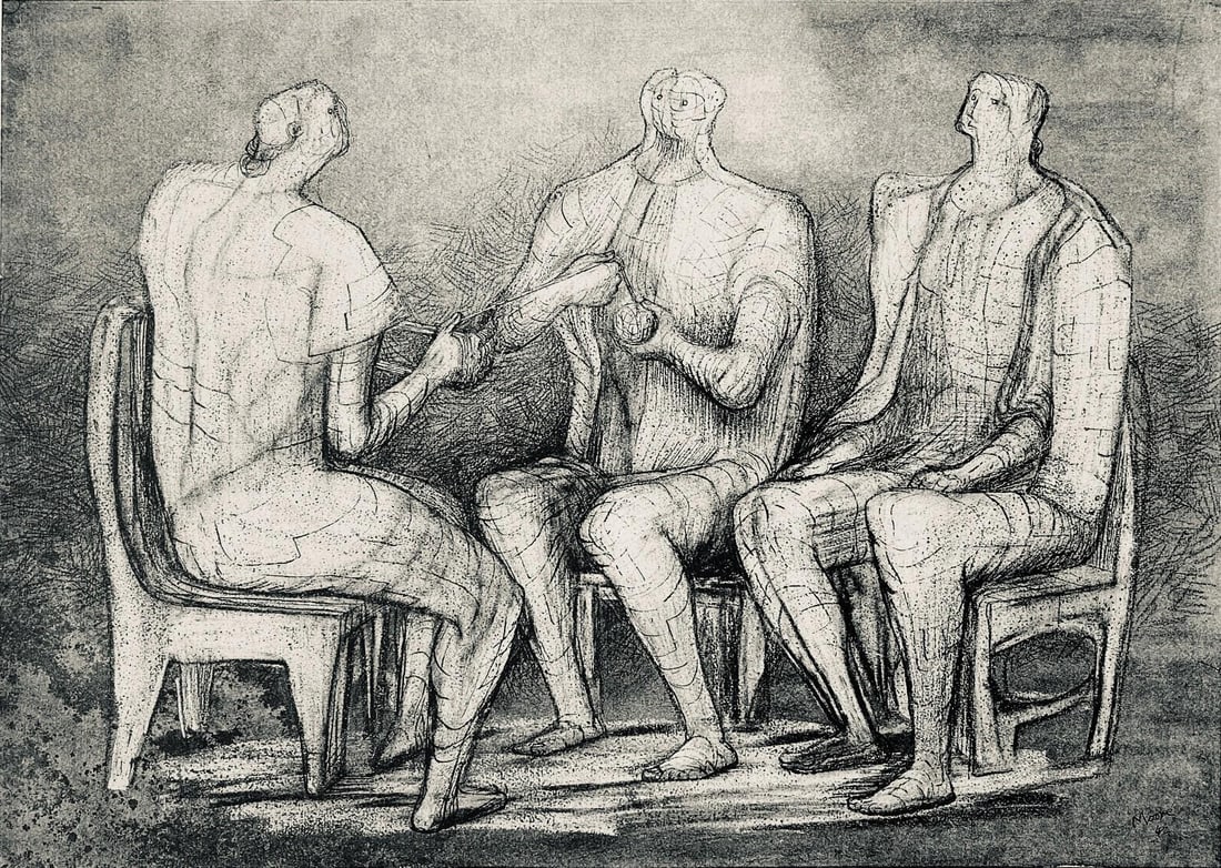 Henry Moore, Women Winding Wool, The Drawings of Henry Moore, Limited Edition Lithograph: Lithograph on velin paper. Paper size: 12.5 x 13.5 inches. Excellent condition. Unsigned and unnumbered, as issued. Notes: From the folio, The Drawings of Henry Moore, 1946. Published by Curt Valentin