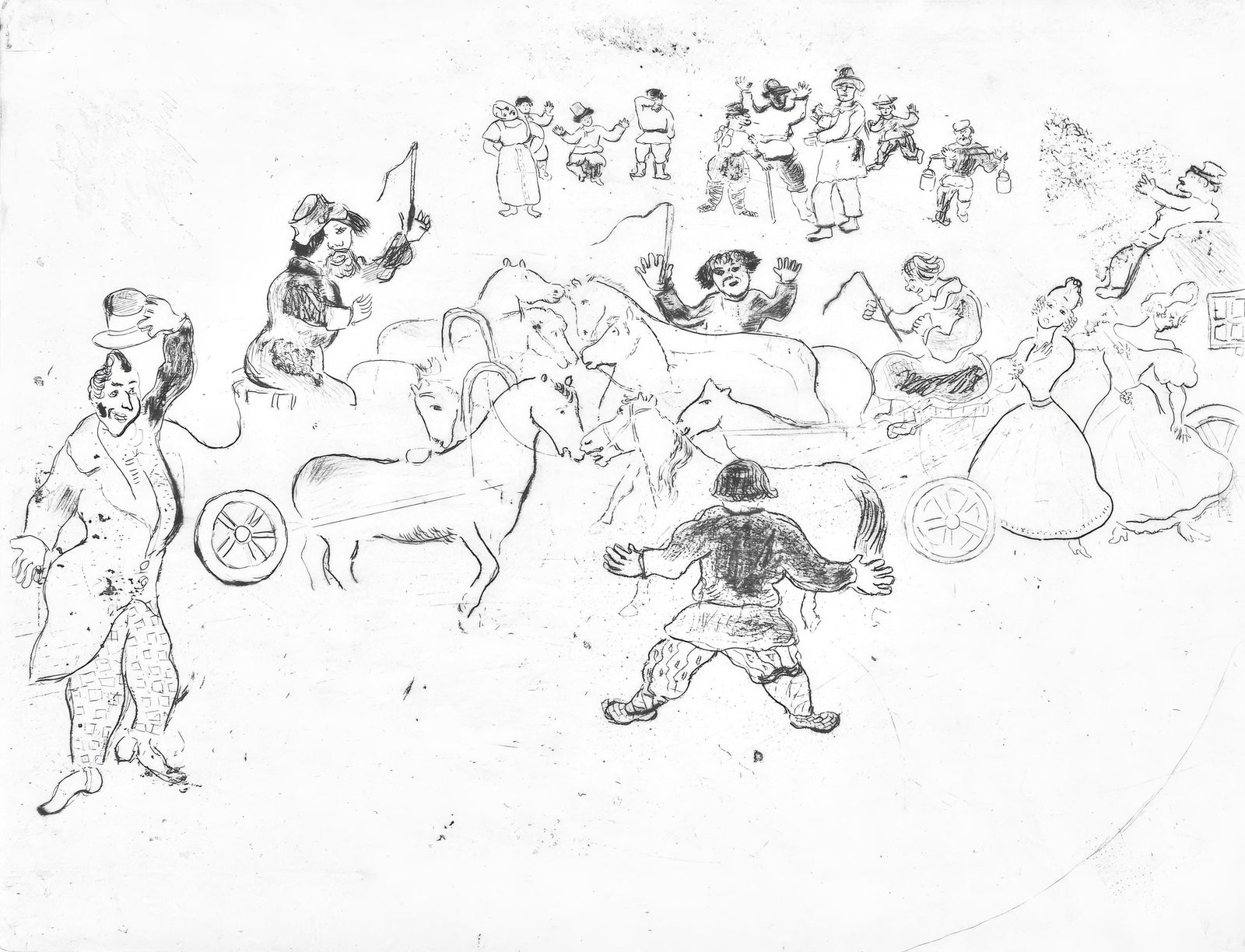 Marc Chagall, Collision en chemin (Cramer 17), Nicolas Gogol, Les Ames mortes, Limited Edition: Etching on velin d'Arches filigrane paper. Paper size: 10.827 x 17.764 inches. Condition: Very good/excellent, consistent with age. Inscription: Unsigned and unnumbered as issued. Notes: From the foli