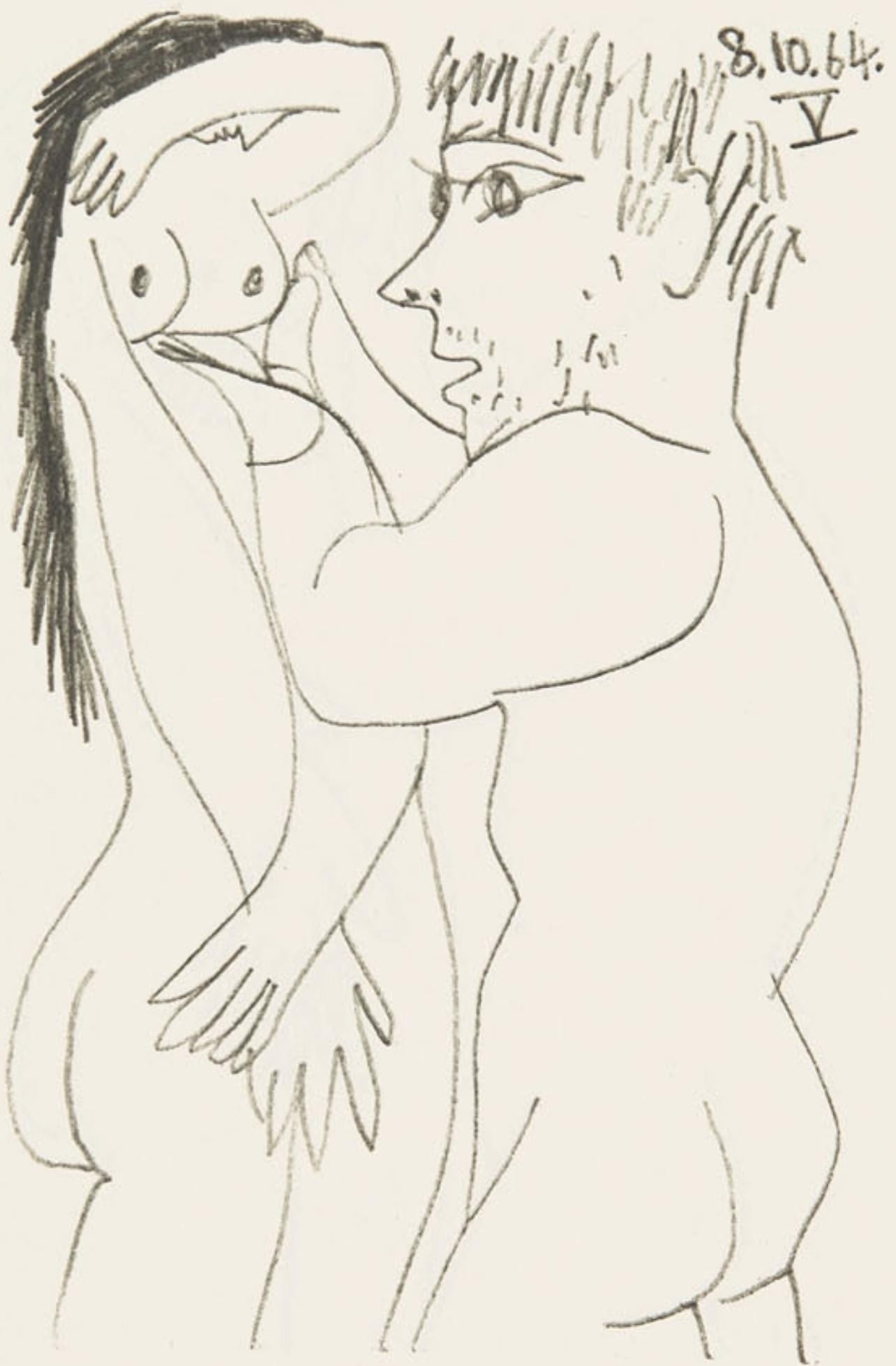 Pablo Picasso, 8.10.64. V (Cramer 148), Le Gout du Bonheur, Limited Edition Mixed Media Lithograph: Lithograph and silkscreen with grease crayon, lithographic tusche, lead pencil, charcoal on velin d'Arches paper. Paper size: 12.8 x 9.84 inches. Inscription: Unsigned and unnumbered, as issued. Catal
