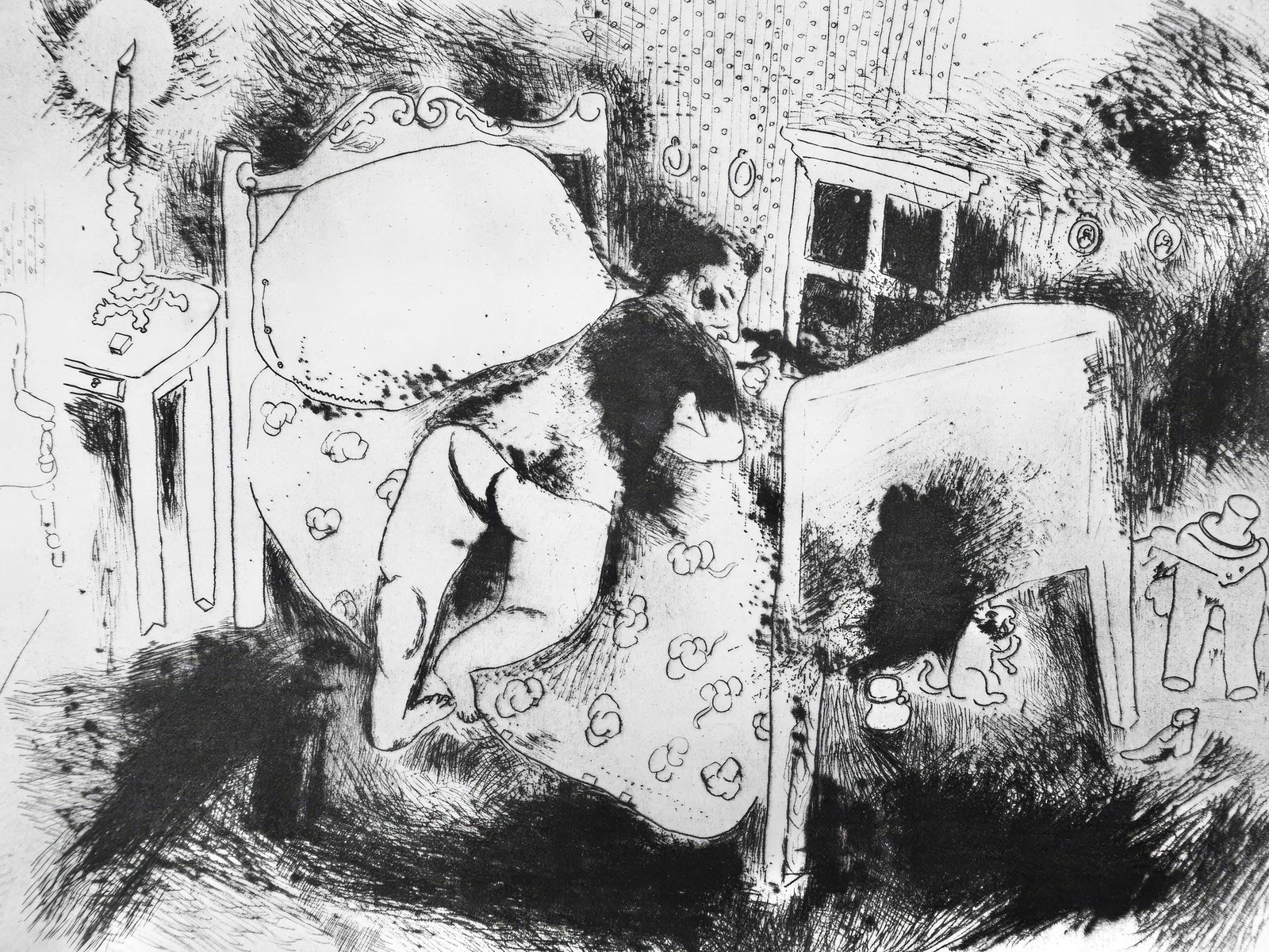 Marc Chagall, Tchitchikov sur le lit (Cramer 17), Nicolas Gogol, Les Ames mortes, Limited Edition: Etching on velin d'Arches filigrane paper. Paper size: 10.827 x 17.764 inches. Condition: Very good/excellent, consistent with age. Inscription: Unsigned and unnumbered as issued. Notes: From the foli