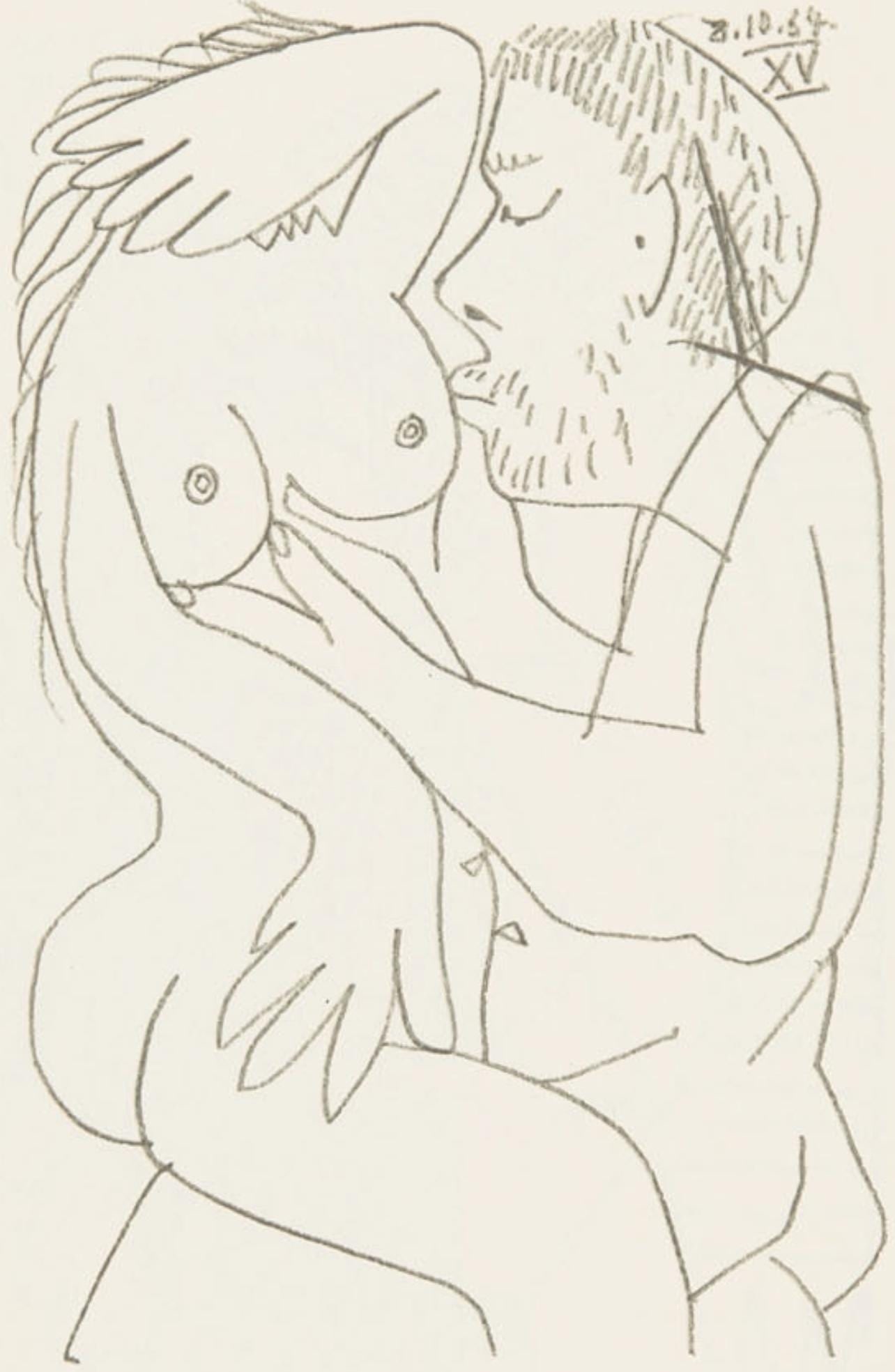 Pablo Picasso, 8.10.64. XV (Cramer 148), Le Gout du Bonheur, Limited Edition Mixed Media Lithograph: Lithograph and silkscreen with grease crayon, lithographic tusche, lead pencil, charcoal on velin d'Arches paper. Paper size: 12.8 x 9.84 inches. Inscription: Unsigned and unnumbered, as issued.