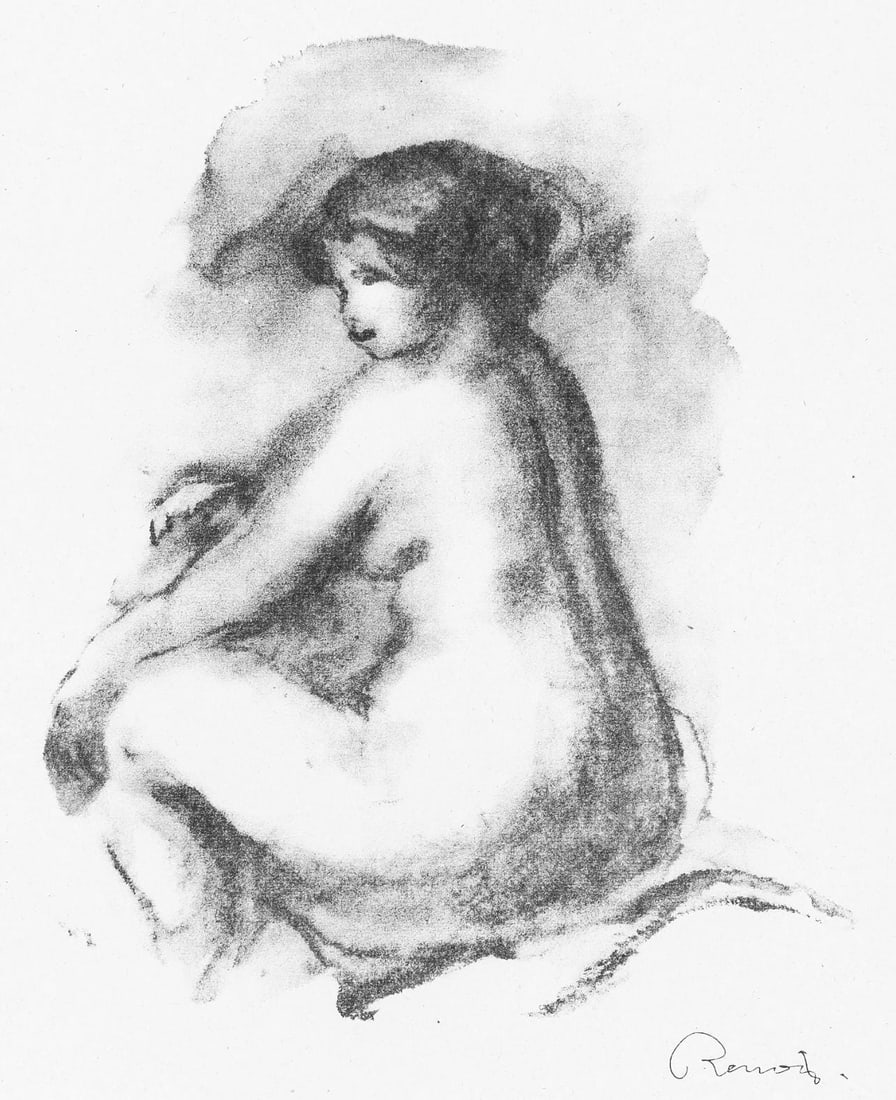 Pierre-Auguste Renoir, Femme nue assisse, Les Lithographies de Renoir, Limited Edition Lithograph: Lithograph on grand velin Renage filigrane a la marque de l'editeur paper. Inscription: Signed in the plate and unnumbered, as issued. Paper Size: 12.5 x 9.5 inches; image size: 10.24 x 7.48 inches.