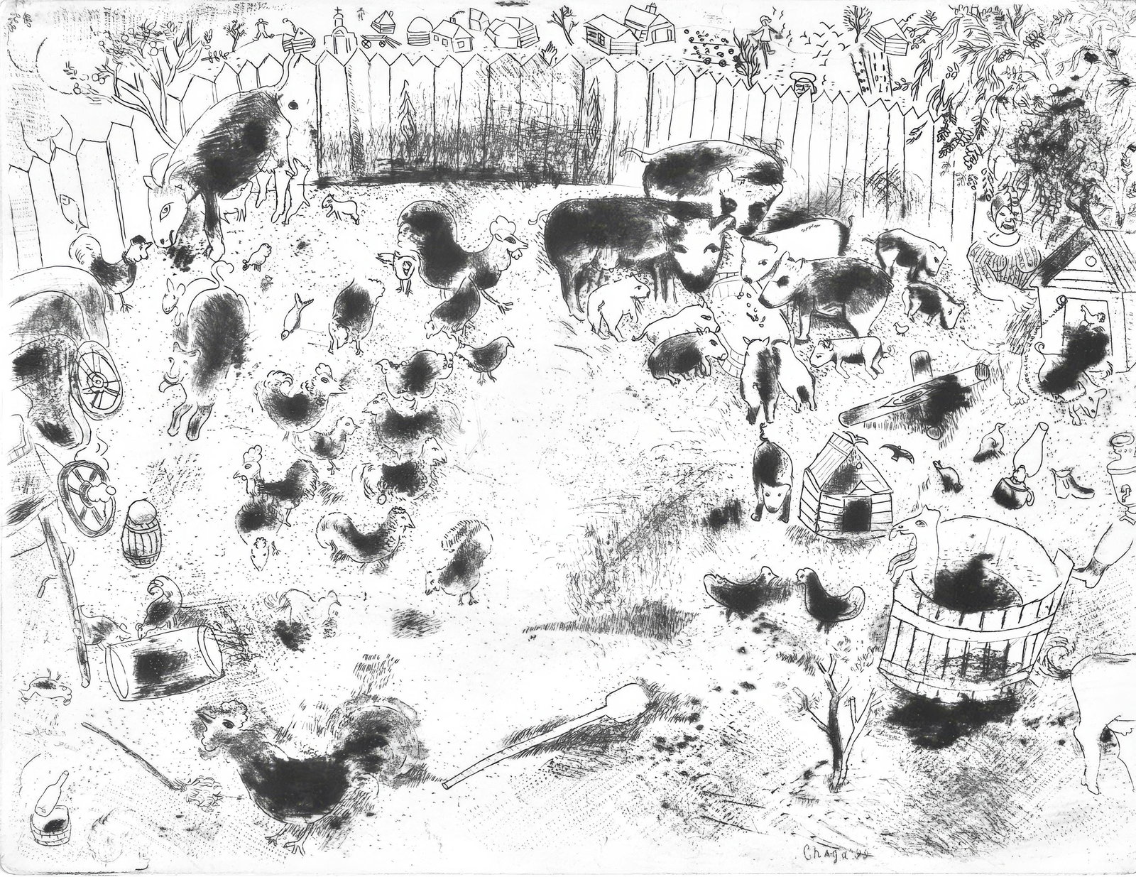 Marc Chagall, La basse-cour (Cramer 17), Nicolas Gogol, Les Ames mortes, Limited Edition Etching,: Etching on velin d'Arches filigrane paper. Paper size: 10.827 x 17.764 inches. Condition: Very good/excellent, consistent with age. Inscription: Signed in the plate and unnumbered as issued. Notes: Fr