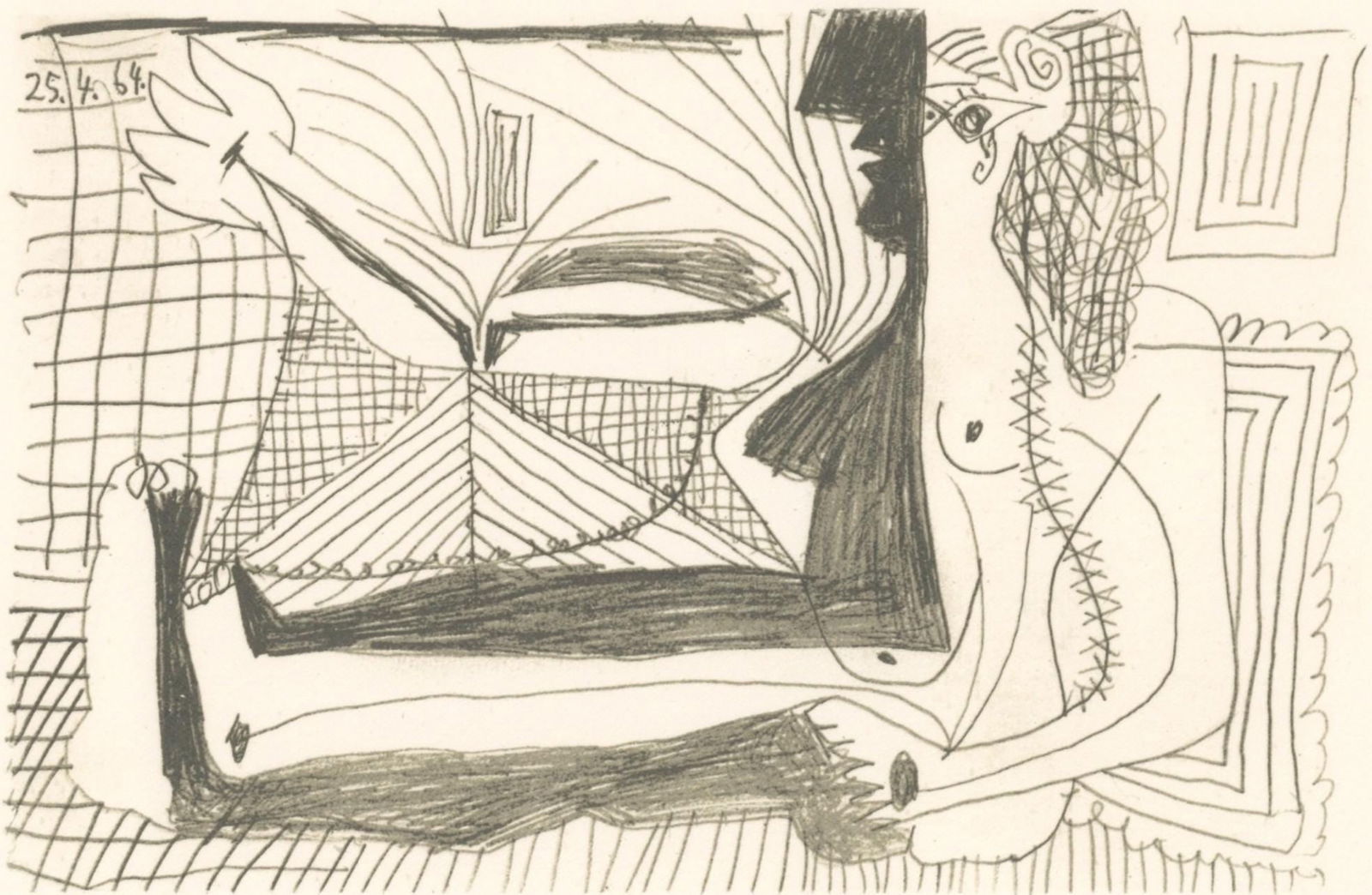 Pablo Picasso, 25.4.64. (Cramer 148), Le Gout du Bonheur, Limited Edition Mixed Media Lithograph: Lithograph and silkscreen with grease crayon, lithographic tusche, lead pencil, charcoal on velin d'Arches paper. Paper size: 9.84 x 12.8 inches. Inscription: Unsigned and unnumbered, as issued. Catal