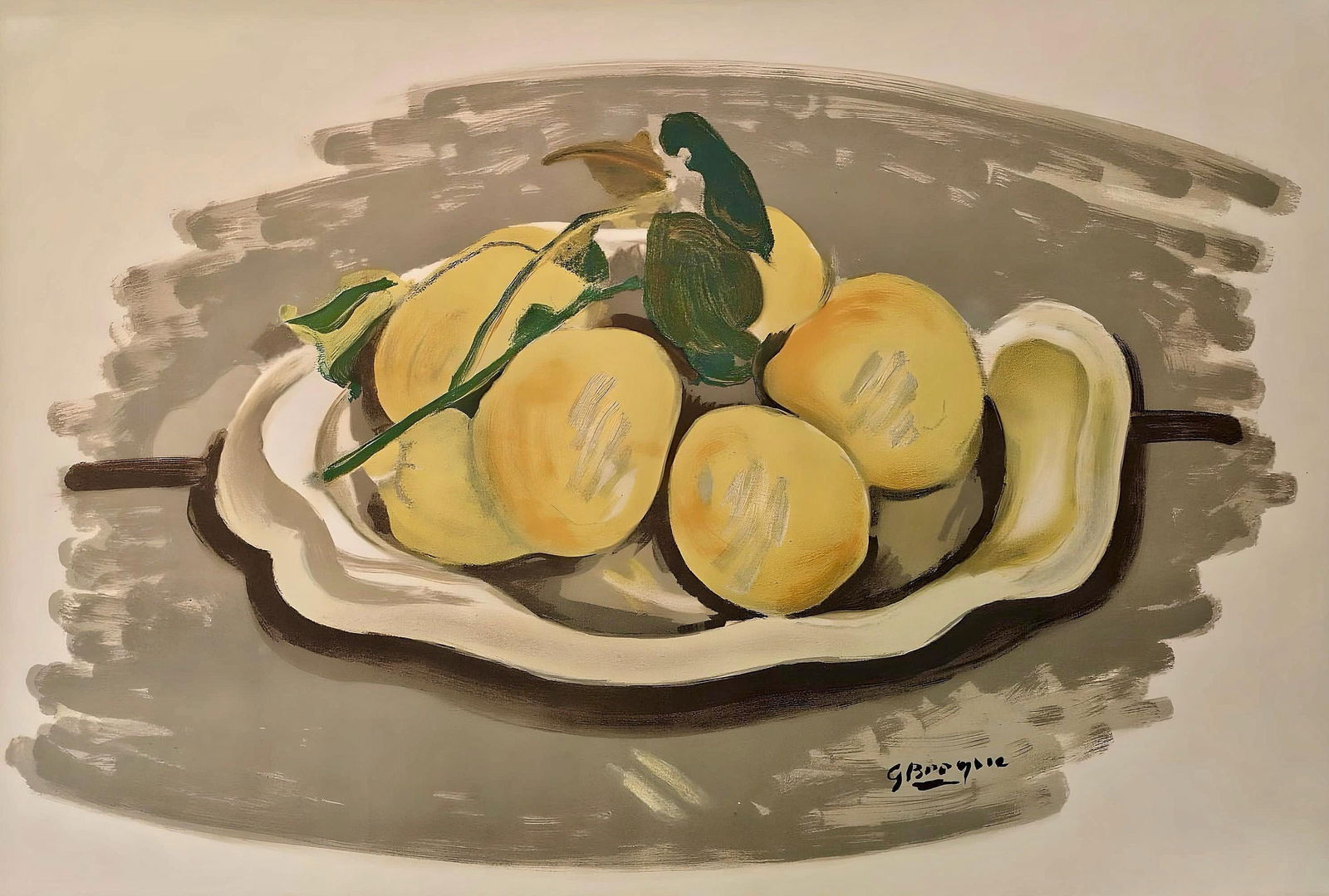 Georges Braque, Corbeille de fruits, Derriere le miroir, Limited Edition Lithograph: Lithograph on velin paper. Paper Size: 15 x 22 inches. Excellent condition, with centerfold, as issued. Inscription: Unsigned and unnumbered, as issued. Notes: From Derriere le miroir, N deg 48-49, 19