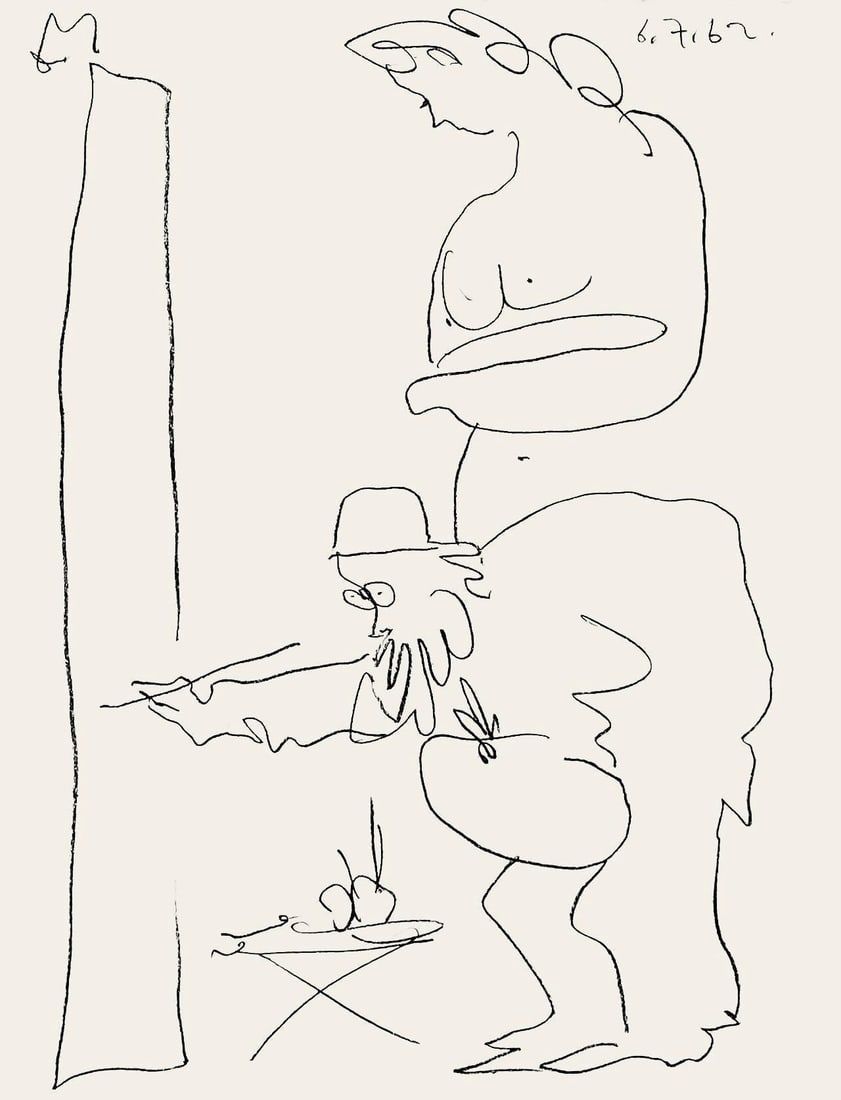 Pablo Picasso, Le Peintre et son Modele (Mourlot 354; Bloch 1035), Regards sur Paris, Limited: Lithograph on velin d'Arches paper. Paper size: 15.5 x 12 inches. Excellent condition. Inscription: unsigned and unnumbered, as issued. Notes: from the folio, Regards sur Paris, 1962. Published by And