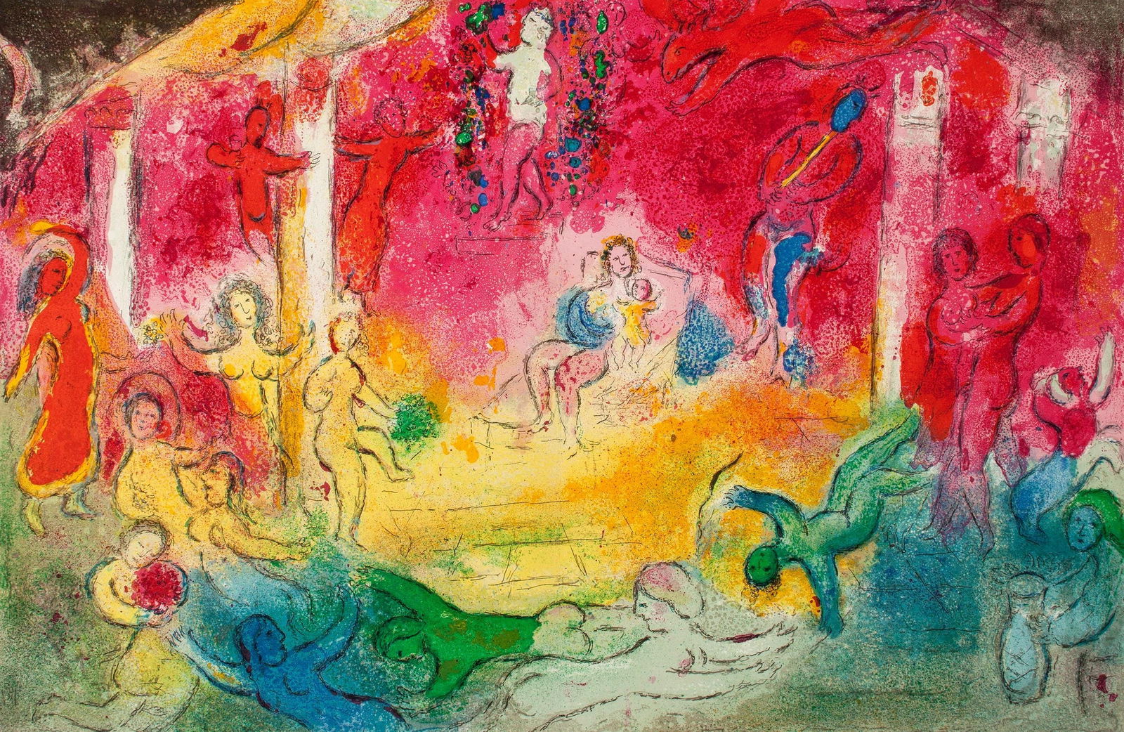 Marc Chagall, Temple et Histoire de Bacchus, Daphnis et Chloe, Limited Edition Heliogravure: Heliogravure on velin paper. Paper Size: 12.5 x 19 inches, with centerfold, as issued. Inscription: Unsigned and unnumbered, as issued. Condition: Very good/excellent, consistent with age. Notes: