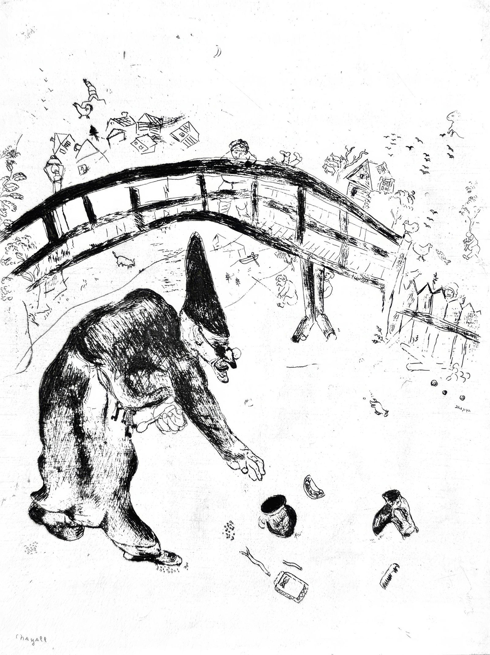 Marc Chagall, Pliouchkine ramassant sous le pont (Cramer 17), Nicolas Gogol, Les Ames mortes,: Etching on velin d'Arches filigrane paper. Paper size: 17.764 x 10.827 inches. Condition: Very good/excellent, consistent with age. Inscription: Signed in the plate and unnumbered as issued. Notes: