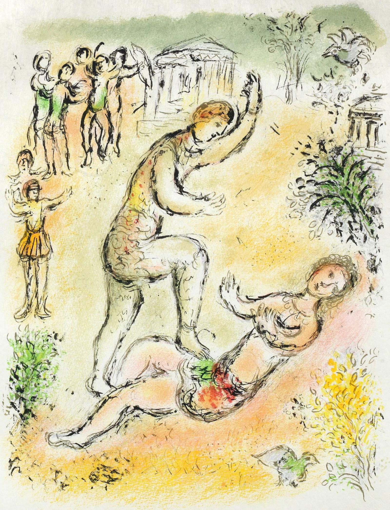 Marc Chagall, Der Kampf des Odysseus und des Iros, Homer, Die Odyssee, Limited Edition Lithograph: Lithograph on 250 g/m2 Butten Papierwerke Miliani AG, Fabriano paper. Paper Size: 14.88 x 11.69 inches. Inscription: Unsigned and unnumbered, as issued. Condition: Very good/excellent, consistent with