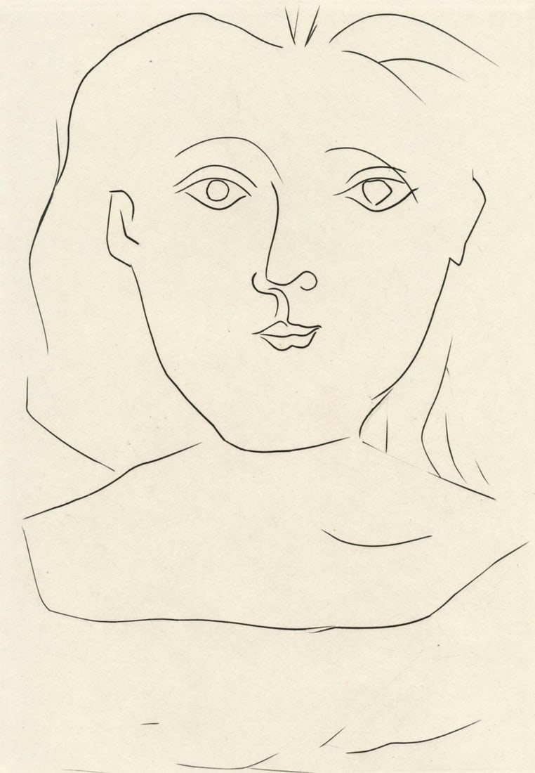 Pablo Picasso, Femme de Face (Bloch 372; Baer 700; Cramer 41), Jours de gloire, Histoire de la: Etching on papeteries velin de Lana paper. Paper size: 11.024 x 8.66 inches. Excellent condition, with full margins. Inscription: unsigned and unnumbered, as issued. Notes: From the folio, Jours de gl
