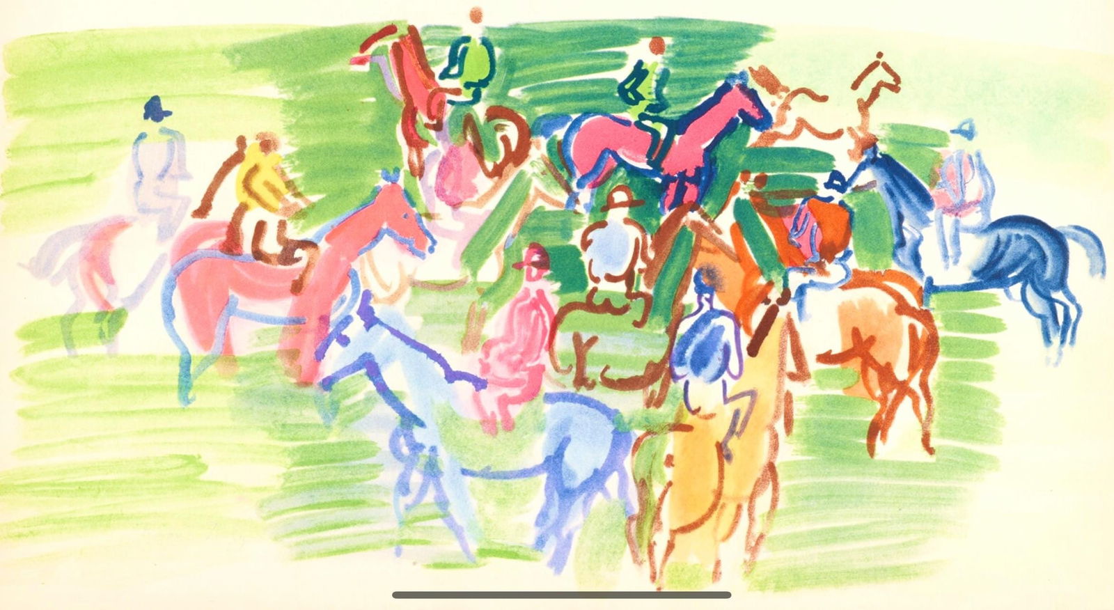 Raoul Dufy, Paddock, Douze Contemporains, Limited Edition Lithograph: Lithograph and stencil on velin paper. Paper size: 13.25 x 18.25 inches. Excellent condition. Unsigned and unnumbered, as issued. Notes: From the folio, Douze Contemporains, 1959. Published by