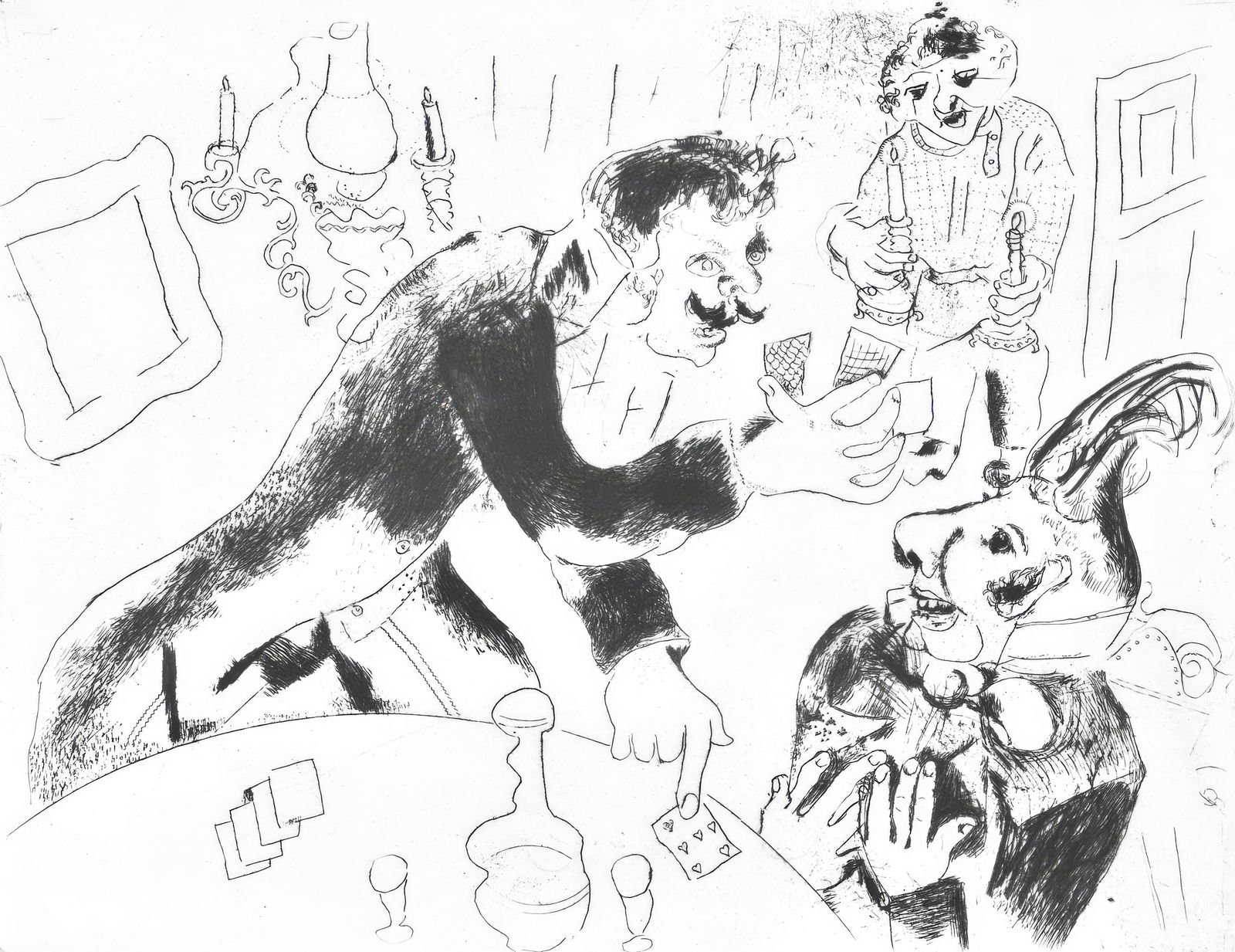 Marc Chagall, Les cartes a jouer (Cramer 17), Nicolas Gogol, Les Ames mortes, Limited Edition: Etching on velin d'Arches filigrane paper. Paper size: 10.827 x 17.764 inches. Condition: Very good/excellent, consistent with age. Inscription: Unsigned and unnumbered as issued. Notes: From the foli