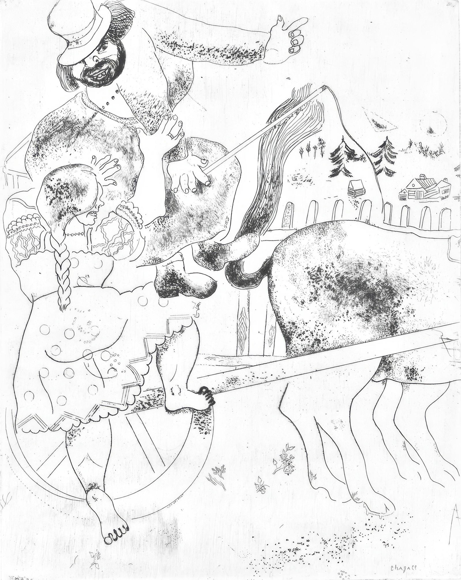 Marc Chagall, L'indication de la route (Cramer 17), Nicolas Gogol, Les Ames mortes, Limited Edition: Etching on velin d'Arches filigrane paper. Paper size: 17.764 x 10.827 inches. Condition: Very good/excellent, consistent with age. Inscription: Signed in the plate and unnumbered as issued. Notes: Fr