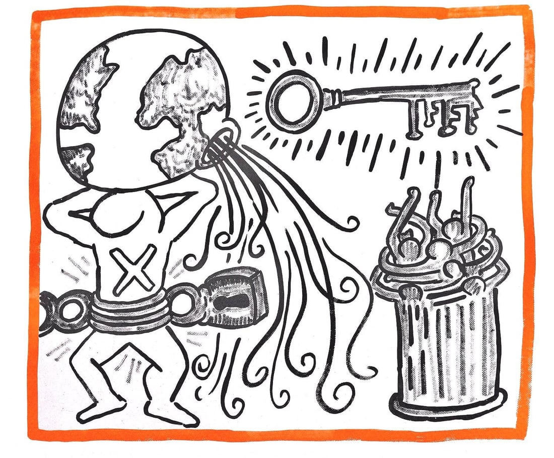 Keith Haring, Composition, Against All Odds, Limited Edition Lithograph: Lithograph on acid-free Rivoli paper. Paper Size: 8.5 x 10.3 inches. Inscription: Unsigned and unnumbered, as issued. Condition: Very good/excellent, consistent with age. Notes: From the album, Agains