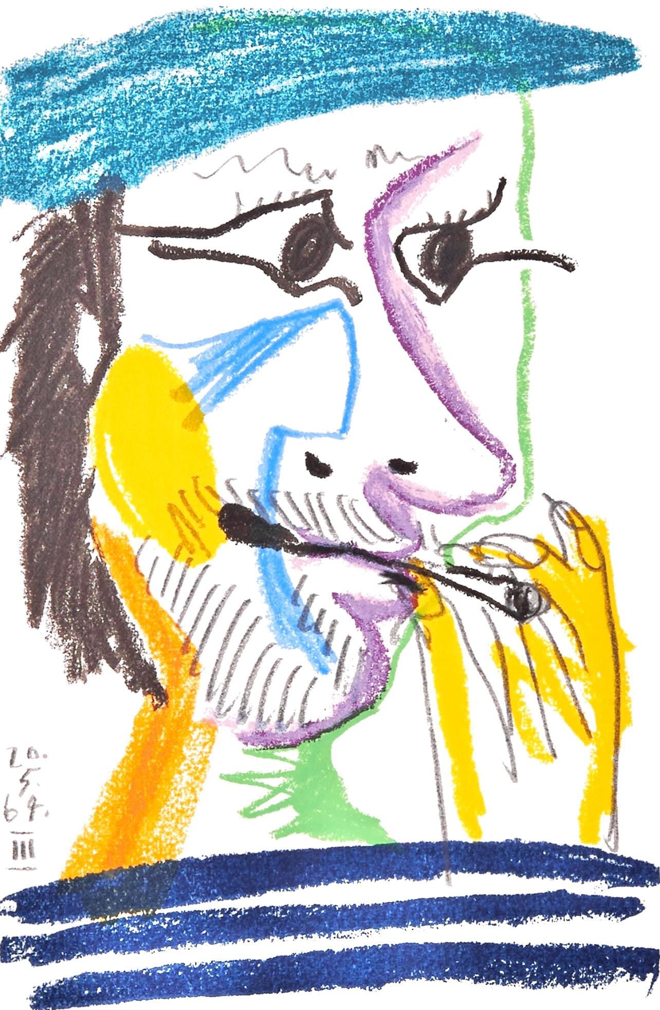 Pablo Picasso, 20.5.64. II (Cramer 148), Le Gout du Bonheur, Limited Edition Mixed Media Lithograph: Lithograph and silkscreen with grease crayon, lithographic tusche, lead pencil, charcoal on velin d'Arches paper. Paper size: 12.8 x 9.84 inches. Inscription: Unsigned and unnumbered, as issued. Catal