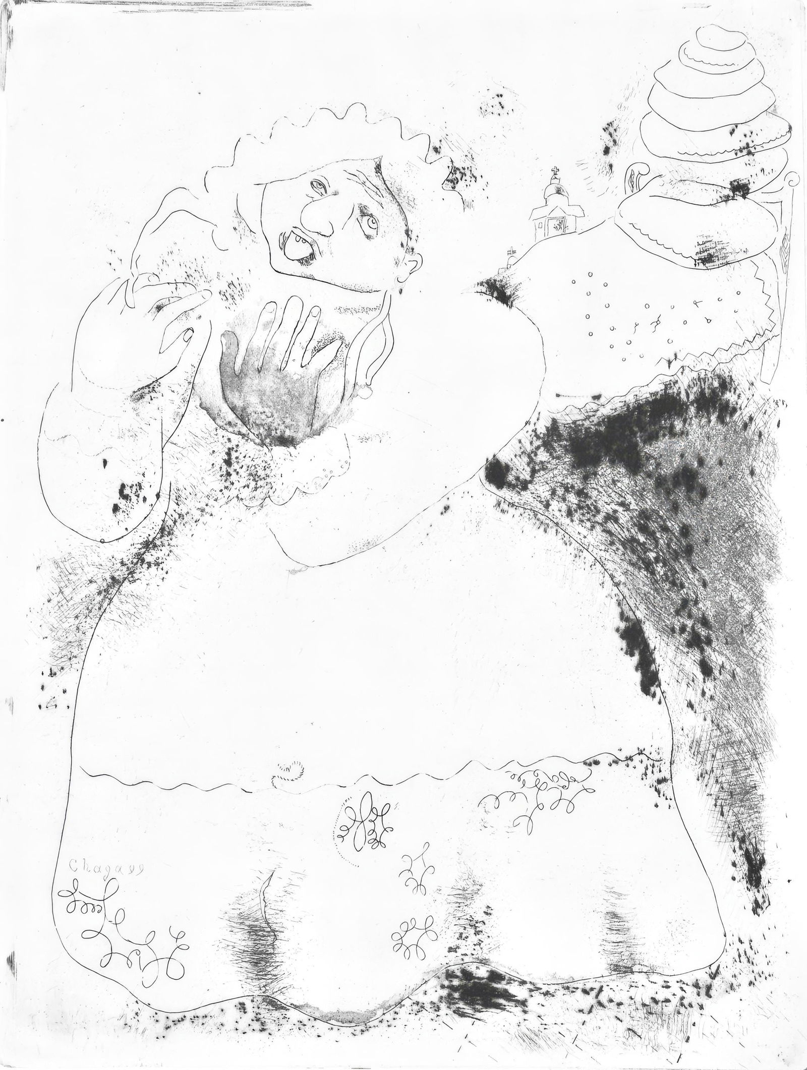Marc Chagall, Madame Korobotchka (Cramer 17), Nicolas Gogol, Les Ames mortes, Limited Edition: Etching on velin d'Arches filigrane paper. Paper size: 17.764 x 10.827 inches. Condition: Very good/excellent, consistent with age. Inscription: Signed in the plate and unnumbered as issued. Notes: Fr