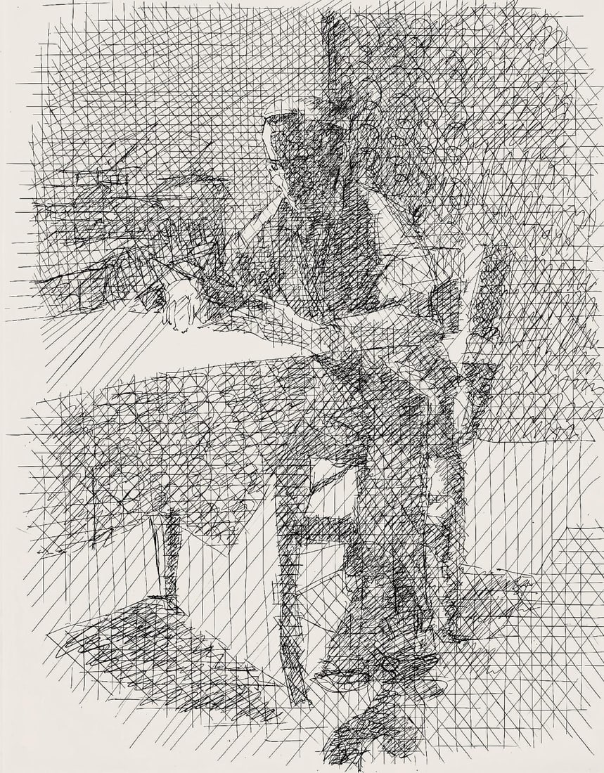 Jacques Villon, Composition (Ginestet/Pouillon 42-64), Hesiode, Les Travaux et les Jours, Limited: Etching on velin de Rives paper. Paper size: 15.75 x 12 inches. Excellent condition. Unsigned and unnumbered, as issued. Notes: From the folio, Hesiode, Les Travaux et les jours. Eaux-fortes de Jacque
