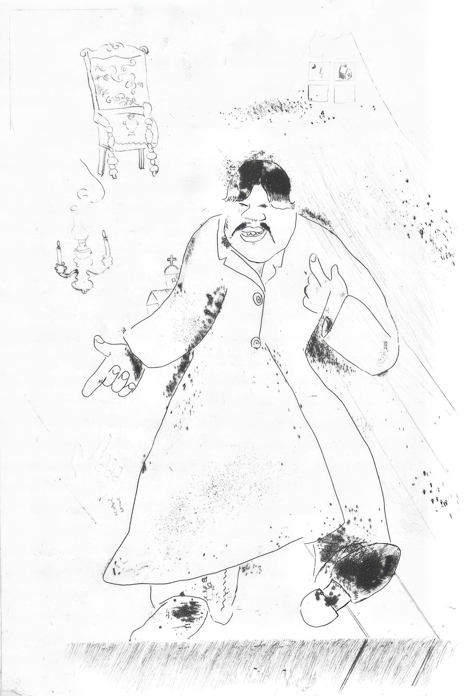 Marc Chagall, L'intendant (Cramer 17), Nicolas Gogol, Les Ames mortes, Limited Edition Etching,: Etching on velin d'Arches filigrane paper. Paper size: 17.764 x 10.827 inches. Condition: Very good/excellent, consistent with age. Inscription: Unsigned and unnumbered as issued. Notes: From the foli