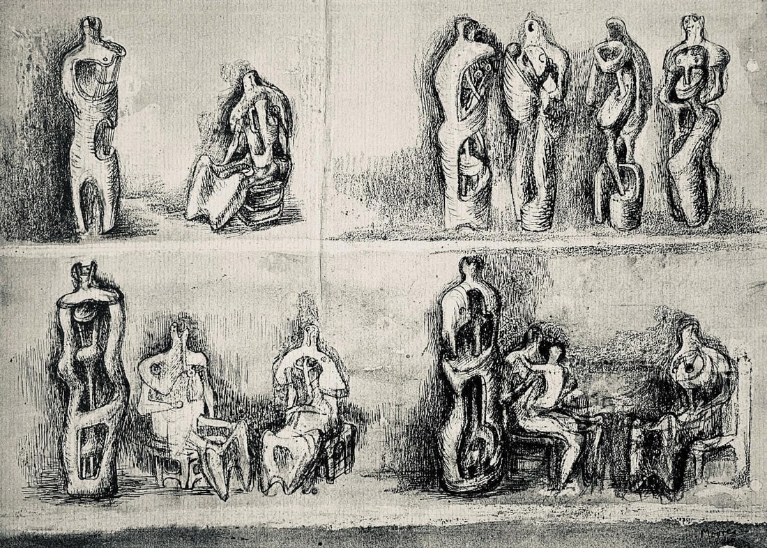Henry Moore, Standing and Seated Figures, The Drawings of Henry Moore, Limited Edition Lithograph: Lithograph on velin paper. Paper size: 12.5 x 13.5 inches. Excellent condition. Unsigned and unnumbered, as issued. Notes: From the folio, The Drawings of Henry Moore, 1946. Published by Curt