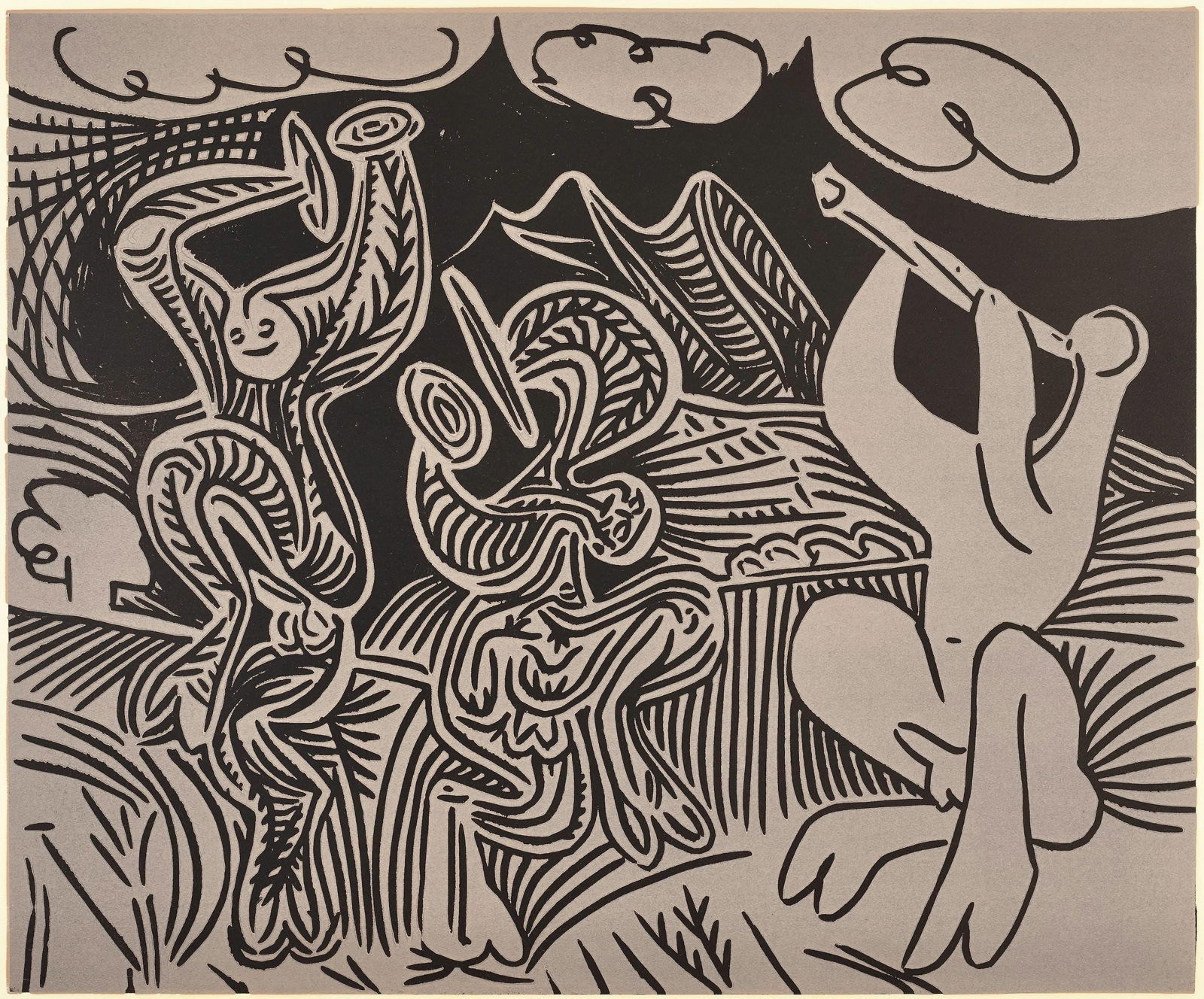 Pablo Picasso, Danseurs et musicien (Orozco 214), Grabados al linoleo, Limited Edition Linocut: Linocut on velin paper. Paper Size: 12.5 x 14.5 inches; image size: 10.5 x 12.75 inches. Inscription: Unsigned and unnumbered, as issued. Catalogue raisonne reference: Orozco, M. (2018). Picasso. 70 y