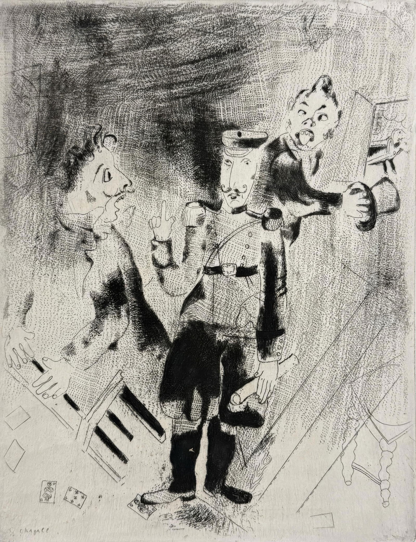 Marc Chagall, The Appearance of the Policemen, from Dead Souls, Limited Edition Etching, 1923-1927: This exquisite etching by Marc Chagall (1887-1985), titled Apparition des policiers (The Appearance of the Policemen), originates from the celebrated folio Nicolas Gogol, Les Ames mortes, Eaux-fortes