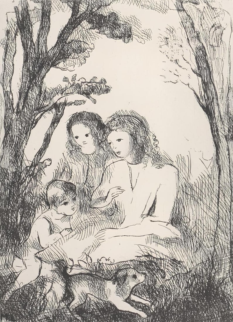 Marie Laurencin, Composition, Antares, Limited Edition Etching: Etching on velin de Rives BFK a la forme paper. Paper Size: 9.8 x 7.9 inches. Excellent condition. Inscription: Signed in the plate and unnumbered, as issued. Notes: From the album, Antares, eaux-fort