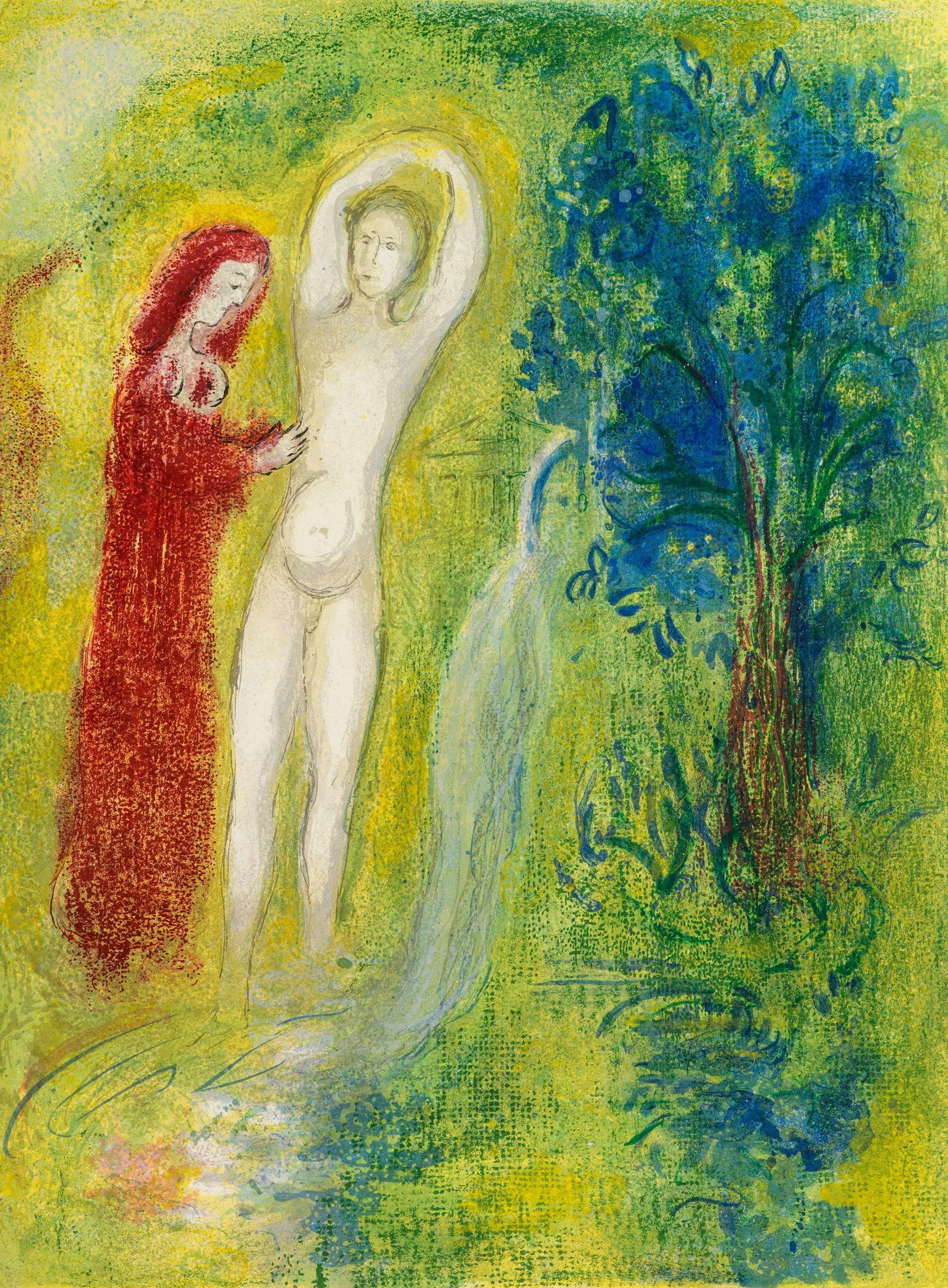 Marc Chagall, Daphnis et Chloe au Bord de la Fontaine, Daphnis et Chloe, Limited Edition: Heliogravure on velin paper. Paper Size: 12.5 x 9.5 inches. Inscription: Unsigned and unnumbered, as issued. Condition: Very good/excellent, consistent with age. Notes: From the album, Daphnis and