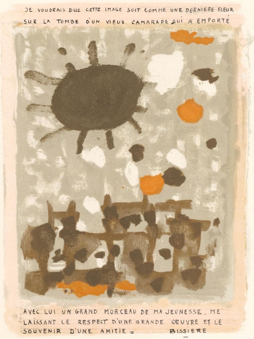 Roger Bissiere, Poeme pour Georges Braque, L'Hommage a Georges Braque, Derriere le miroir, Limited: Lithograph on velin paper. Paper Size: 15 x 11 inches. Inscription: Signed in the plate and unnumbered, as issued, with poem (translated from French), "I would like this image to be like a last flower