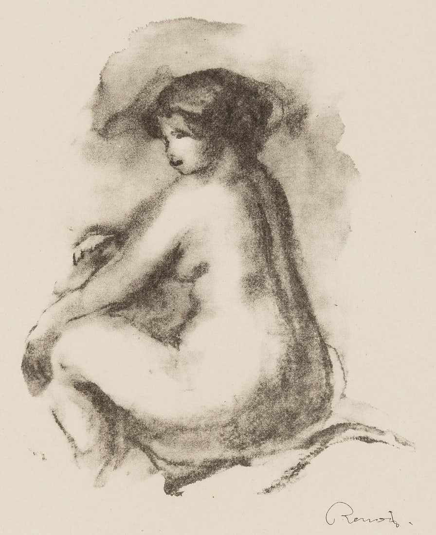 Pierre-Auguste Renoir, Femme nue assisse, Limited Edition Lithograph: Lithograph on grand velin Renage filigrane a la marque de l'editeur paper. Inscription: Signed in the plate and unnumbered, as issued. Paper Size: 12.5 x 9.5 inches; image size: 10.24 x 7.48 inches.