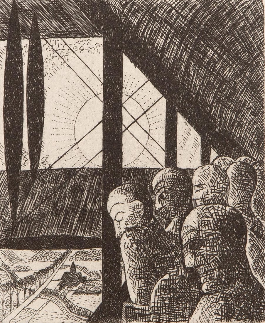 Marcel Gromaire, Composition, Vers un monde volage, Limited Edition Etching: Etching on velin d'Arches paper. Paper size: 11 x 8.75 inches. Excellent condition. Inscription: Unsigned and unnumbered, as issued. Notes: From the album, Vers un monde volage. Illustre de dix eaux-f