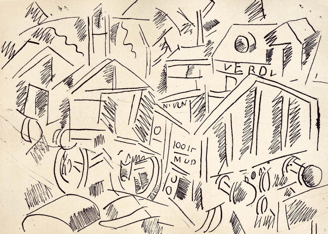 Fernand Leger, La gare de Verdun, Dessins de Guerre 1915-16, Limited Edition Lithograph: Lithograph, stencil on velin paper. Paper Size: 7.75 x 10 inches. Inscription: Unsigned and unnumbered, as issued. Condition: Very good/excellent, consistent with age. Notes: From the folio, Fernand L