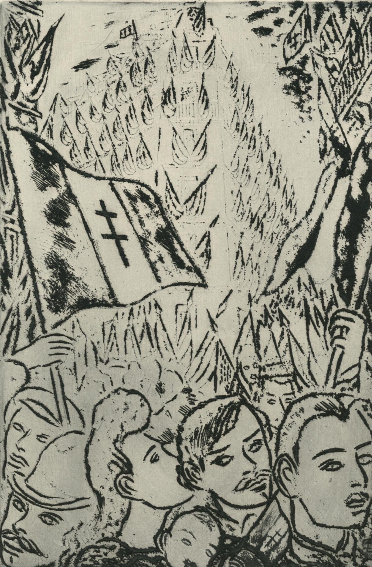 Louis Touchagues, Composition, Jours de gloire, Histoire de la liberation de Paris, Limited Edition: Etching on papeteries velin de Lana paper. Paper size: 11.024 x 8.66 inches. Excellent condition, with full margins. Inscription: unsigned and unnumbered, as issued. Notes: From the folio, Jours de gl