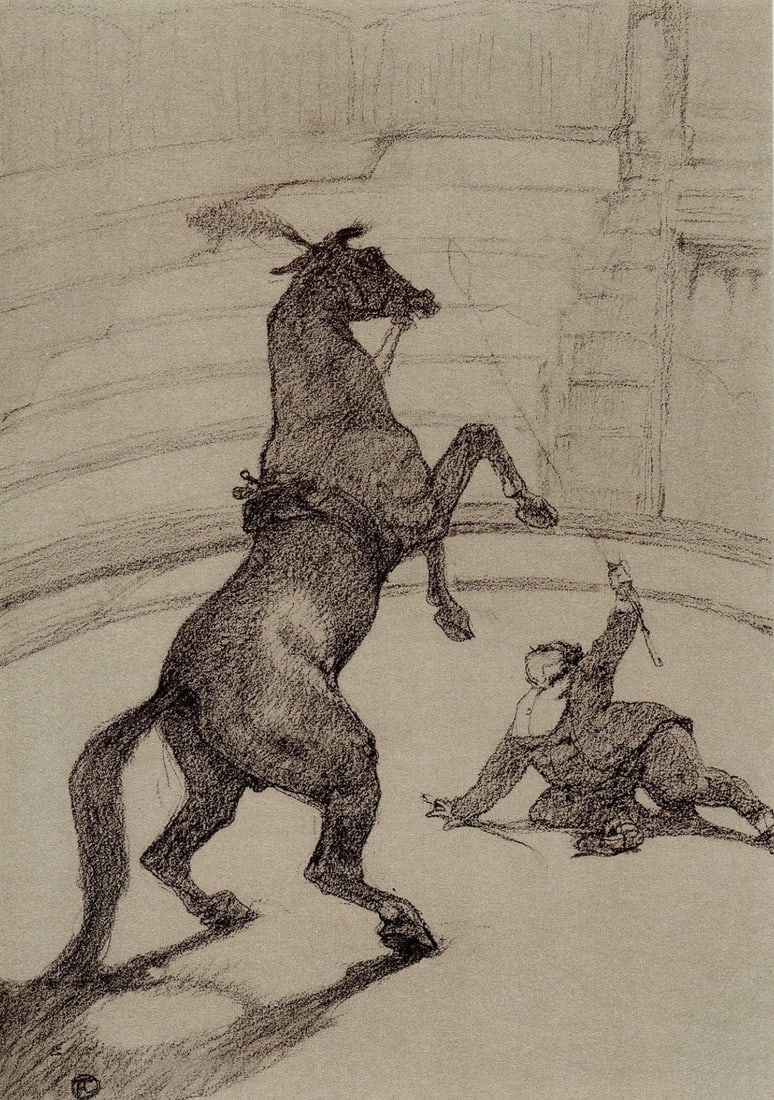 Henri de Toulouse-Lautrec, Cheval pointant, The Circus by Toulouse-Lautrec, Limited Edition: Lithograph on velin paper. Unsigned and unnumbered. Paper Size: 12.125 x 9.25 inches. Excellent condition. Notes: From the album, The Circus by Toulouse-Lautrec, 1952. Published the Paris Book Center,