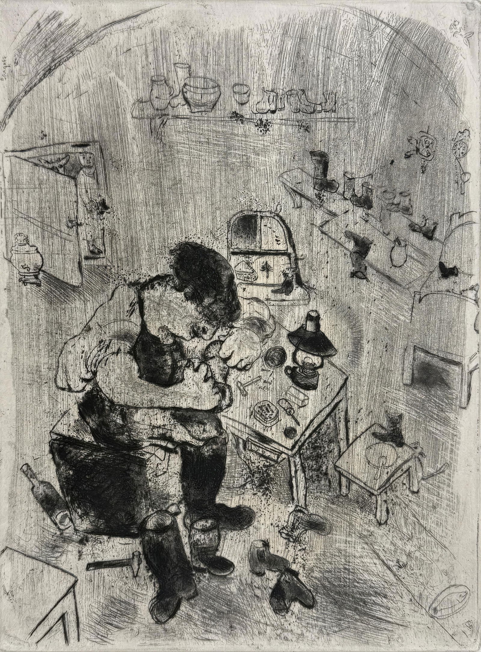 Marc Chagall, Maxime Teliatnikov, Shoemaker, from Dead Souls, Limited Edition Etching, 1923-1927: This exquisite etching by Marc Chagall (1887-1985), titled Maxime Teliatnikov, savetier (Maxime Teliatnikov, Shoemaker), originates from the celebrated folio Nicolas Gogol, Les Ames mortes,