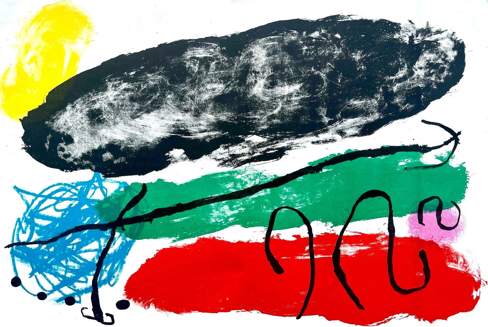 Joan Miro, Composition (Mourlot 265; Cramer 62), Derriere le miroir, Limited Edition Lithograph: Lithograph on velin paper. Paper size: 15 x 22 inches. Excellent condition, with centerfold, as issued. Inscription: Unsigned and unnumbered, as issued. Notes: From Derriere le miroir, N deg 119. Publ